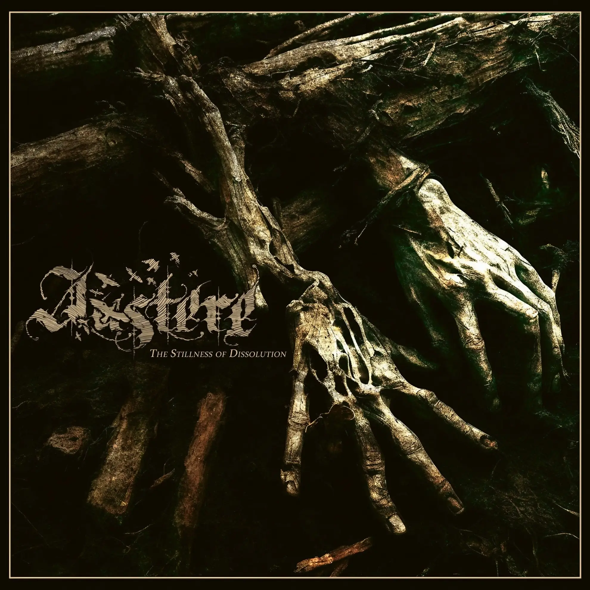 Decayed skeletal hands intertwined with tree roots in dark earth tones on the album ‘The Stillness of Dissolution’ by Australian band Austere.