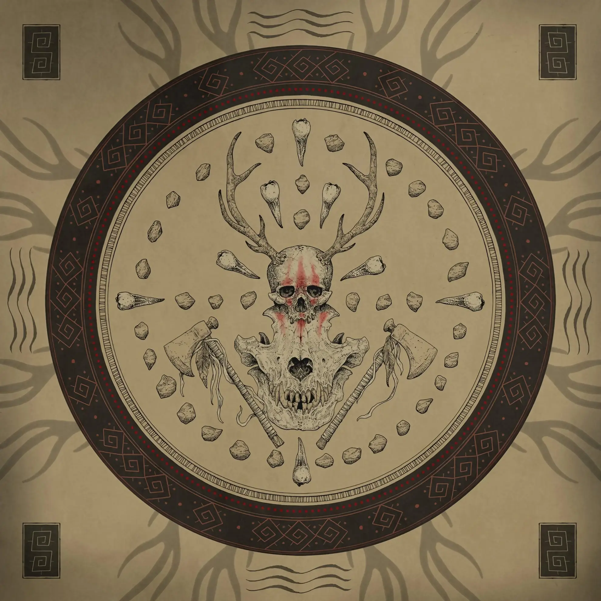 Deer skull with antlers, crossed tomahawks, and scattered bones arranged in a circular pattern on a tan background.