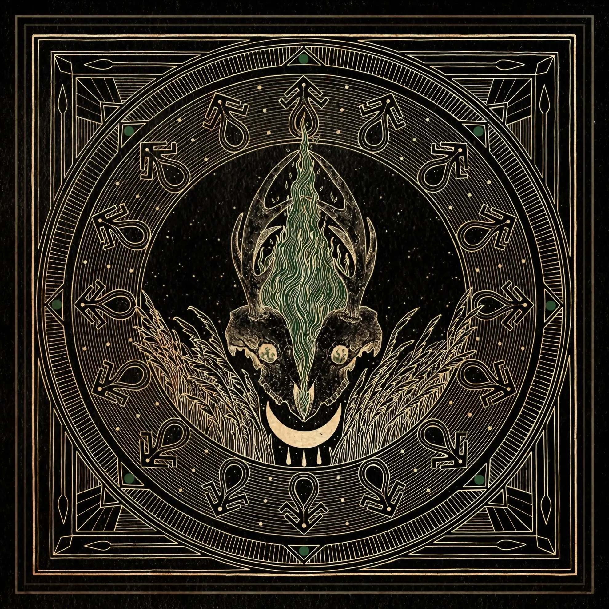 Deer skull with antlers and green flame inside a circular pattern of wheat and symbols on a black and gold background.