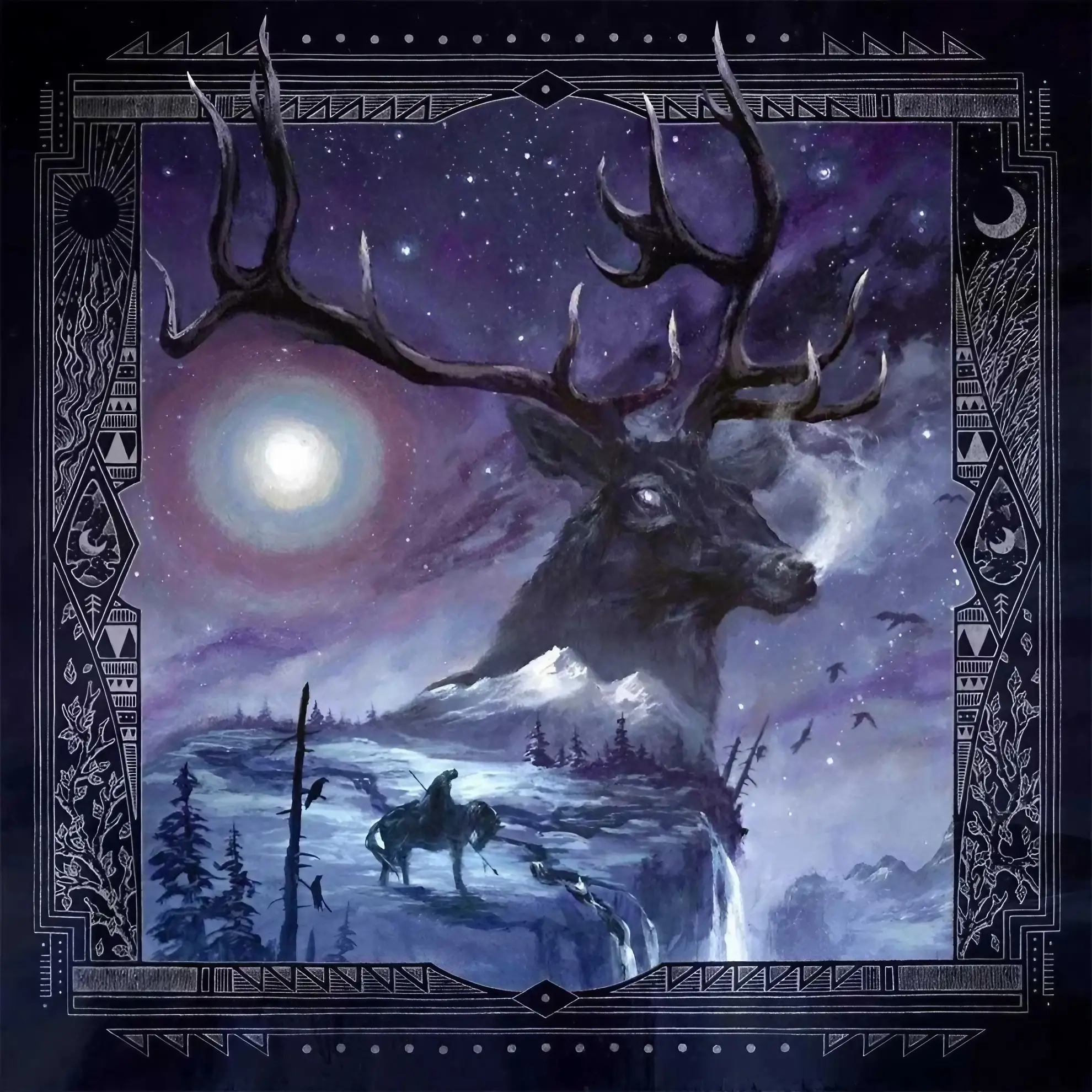 Large stag head emerging from a snowy mountain, beneath a night sky with stars and moon; framed by tribal-style border art.