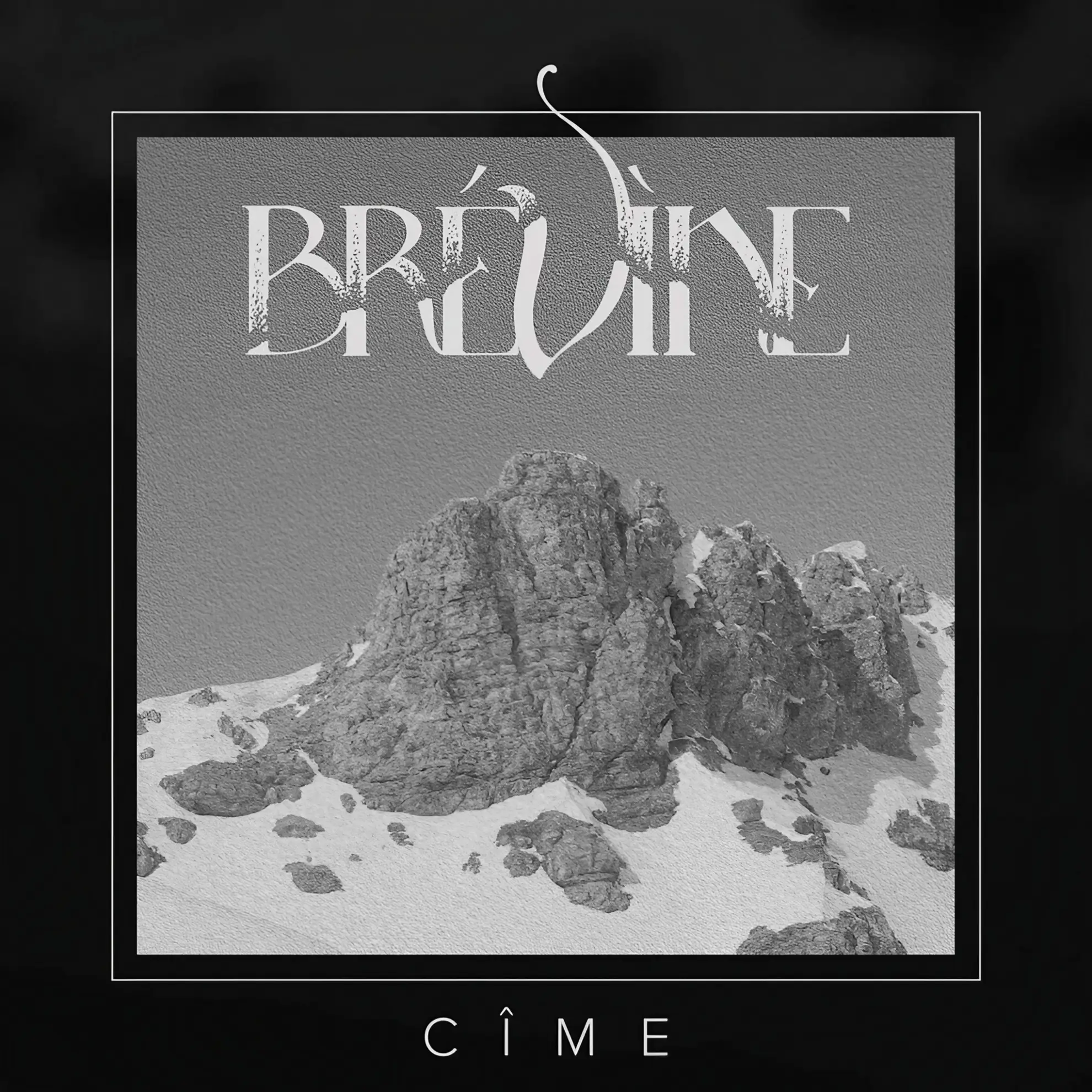 A black and white photo of a rocky, snow-covered mountain peak, with the band’s name above and the title ‘Cîme’ below.