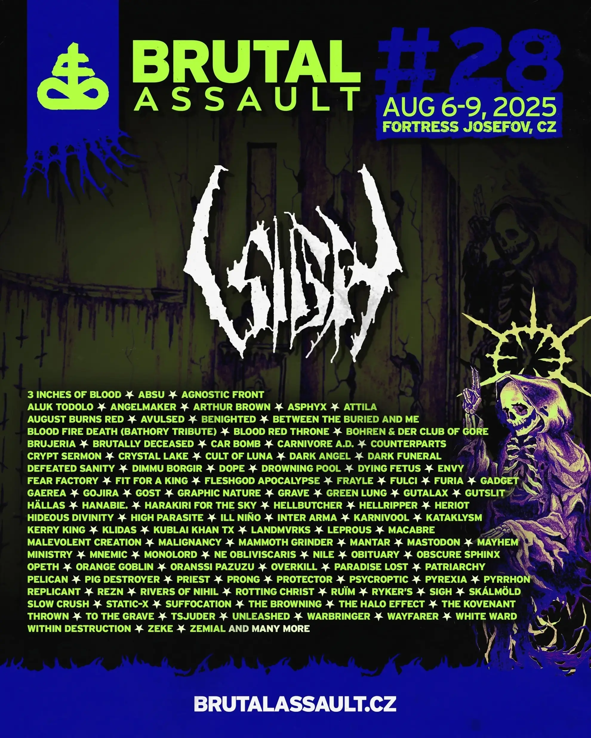 Dark background with neon green and blue text, Sigh headlined in large white logo; Brutal Assault #28, August 6–9, 2025, at Fortress Josefov.