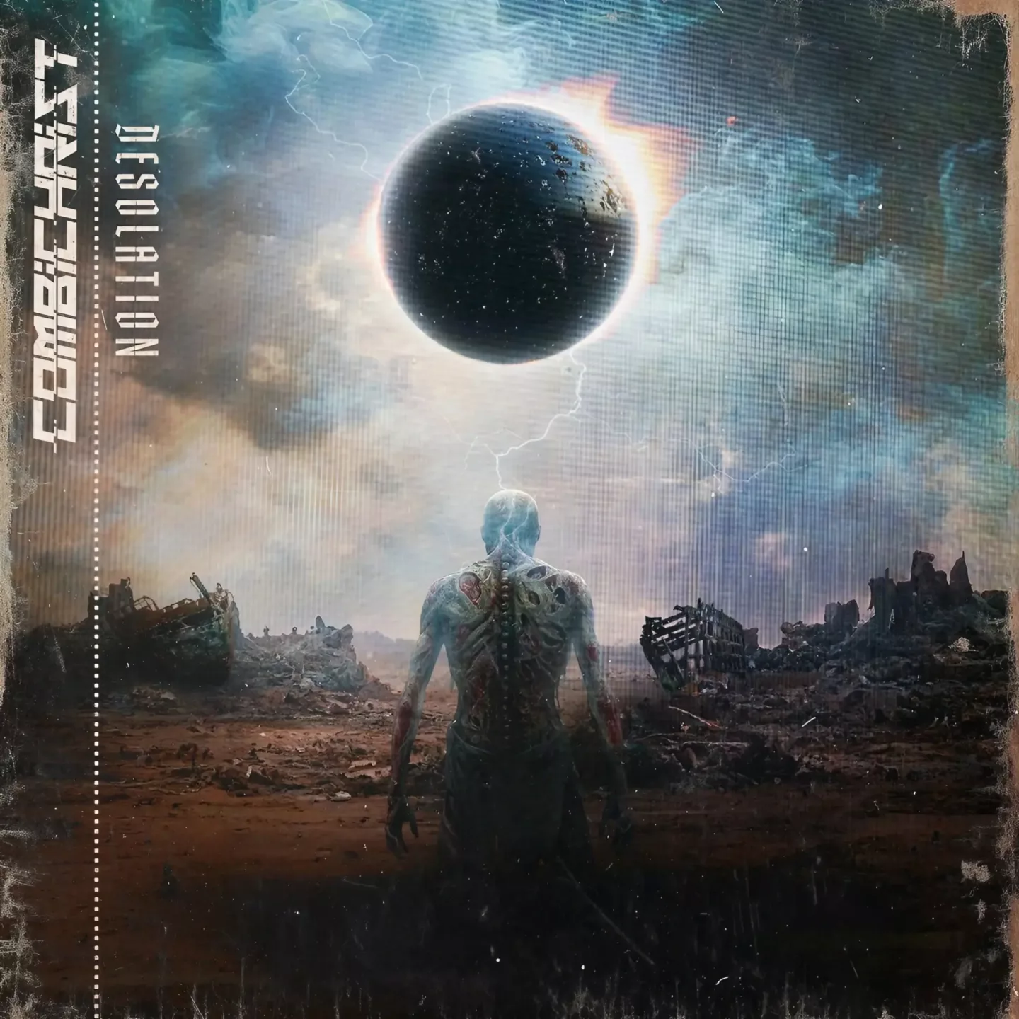A figure with an exposed spine stands in a ruined landscape, looking up at a solar eclipse as lightning strikes.
