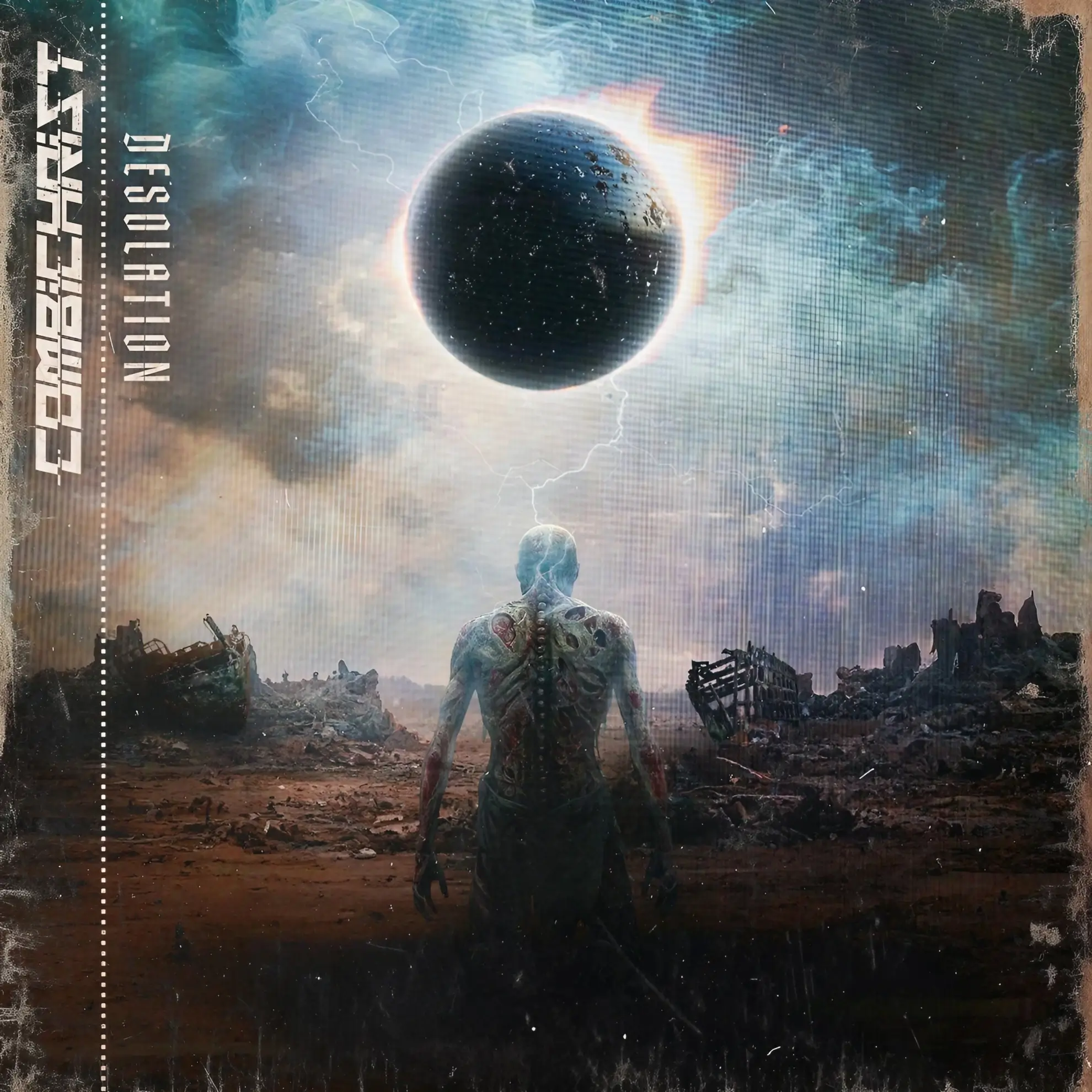 A figure with an exposed spine stands in a ruined landscape, looking up at a solar eclipse as lightning strikes.