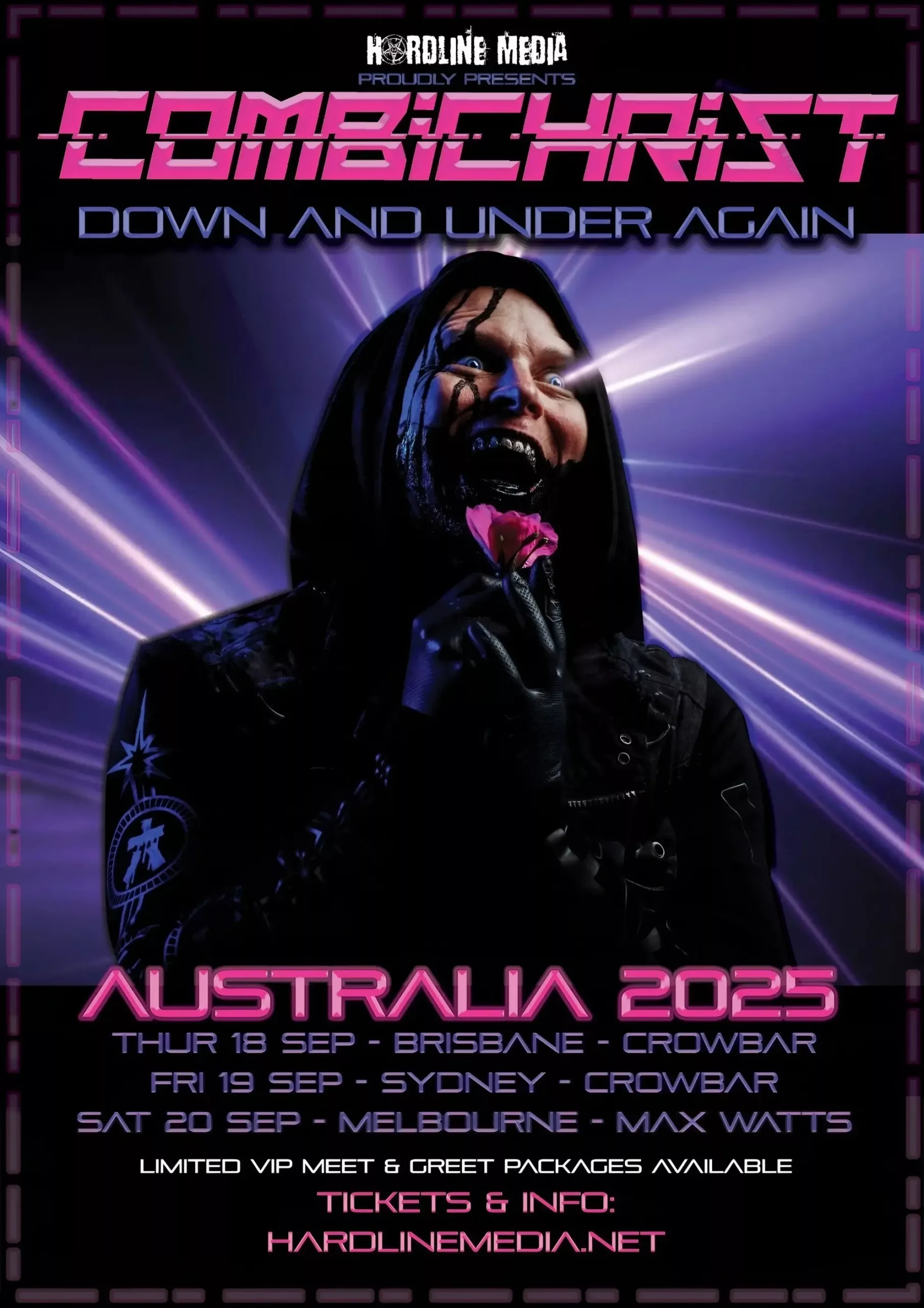 Combichrist’s 2025 Australia tour poster. A hooded frontman holds a pink flower. Tour dates for Brisbane, Sydney, and Melbourne are listed.