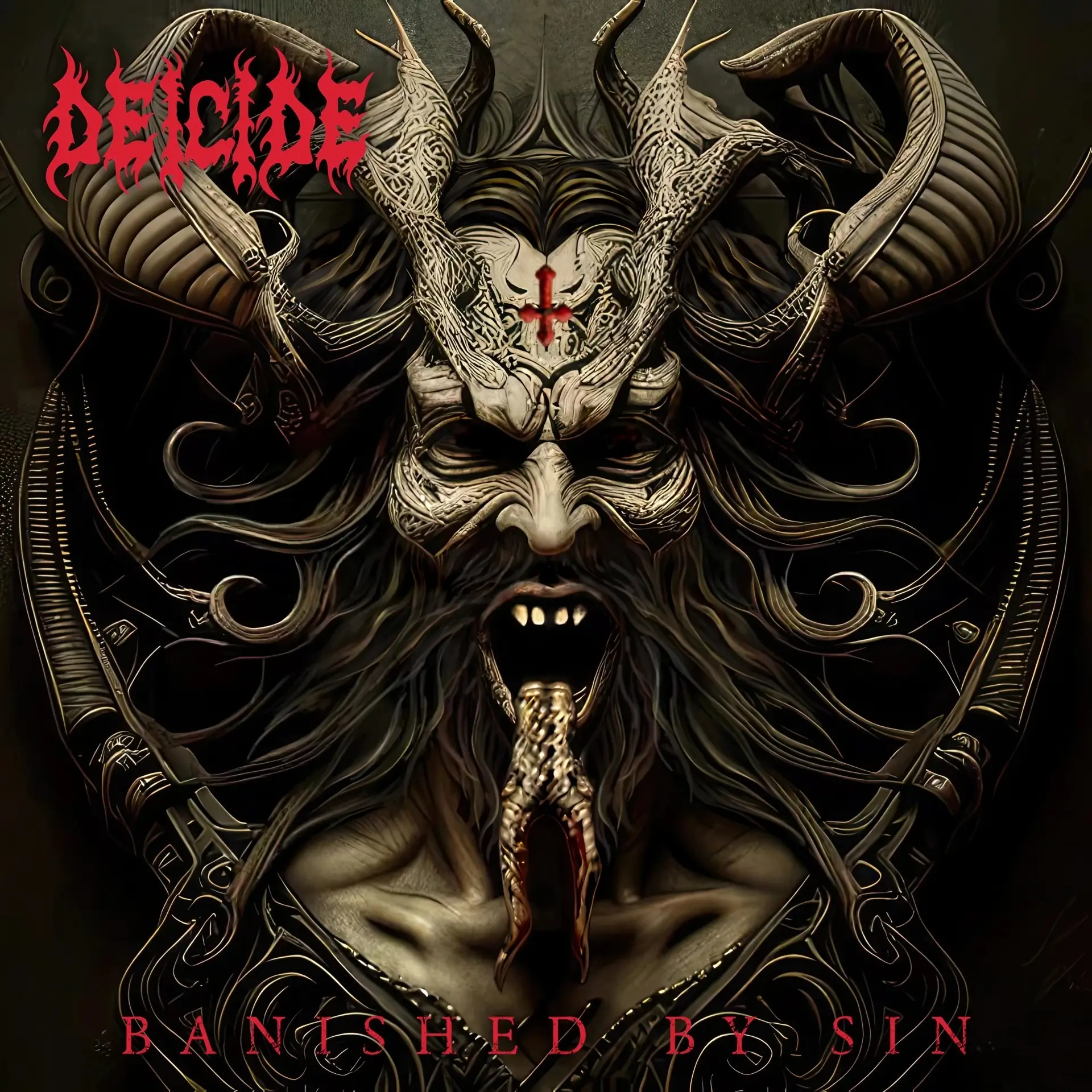 Grotesque horned demon with fangs and a snake tongue on a dark ornate background, with ‘Banished by Sin’ in red at the bottom.