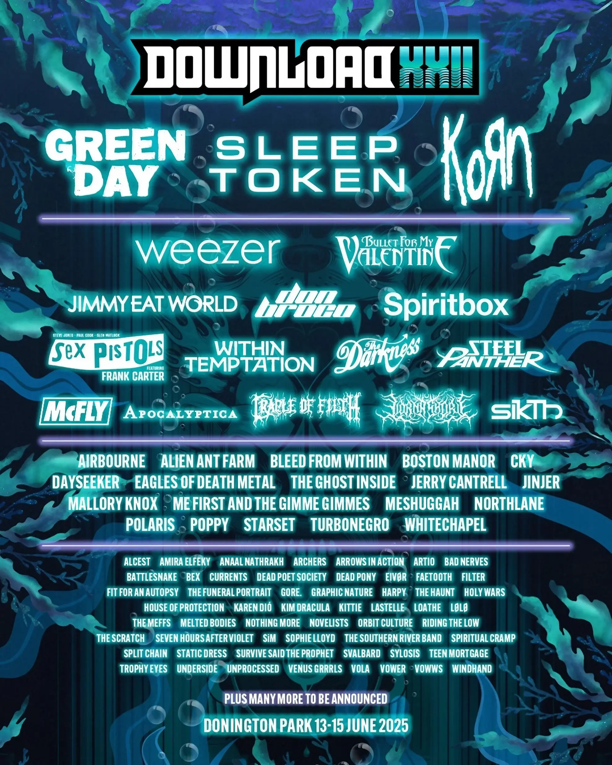 Dark aquatic-themed poster with neon-style text for Download Festival 2025; headliners Green Day, Sleep Token, and Korn appear in large type.