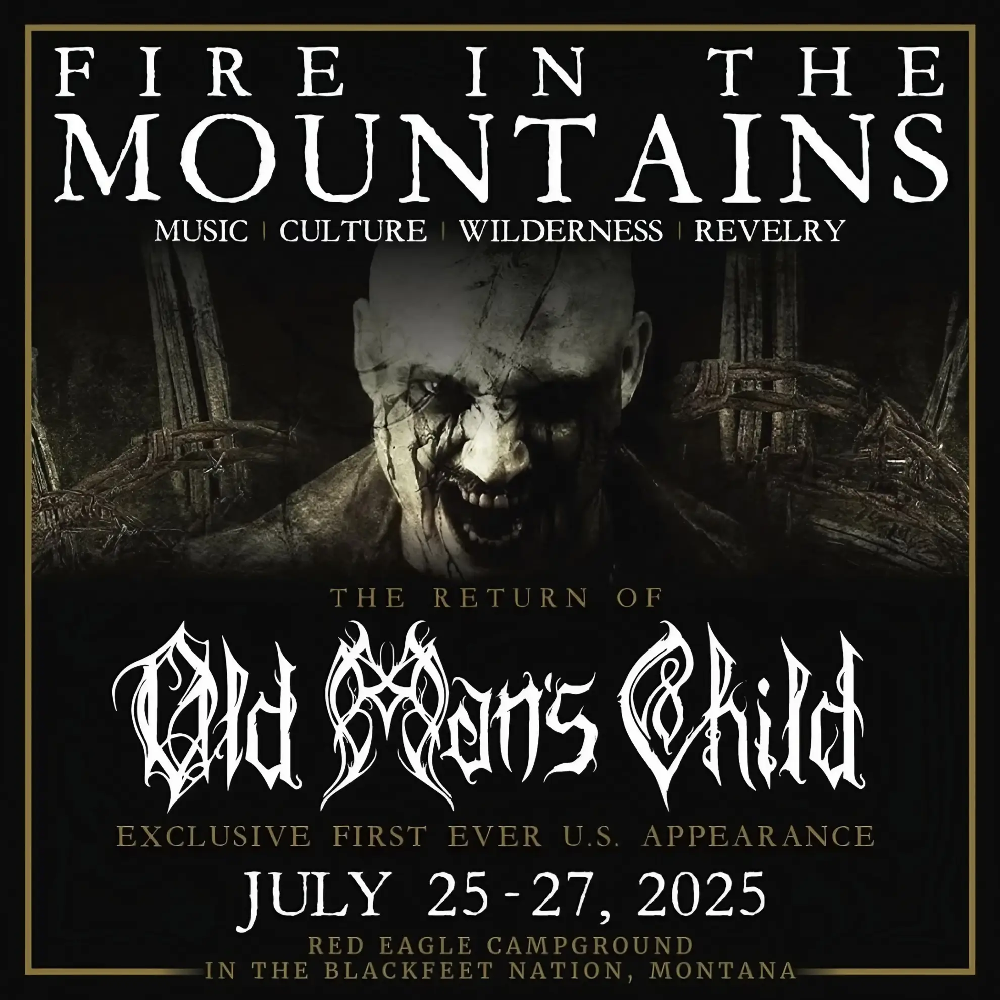 Old Man’s Child: New Album and First Festival Appearances in Over Twenty Years Dark background with sharp serif and blackletter typography; Old Man’s Child headlined for Fire in the Mountains, July 2025.