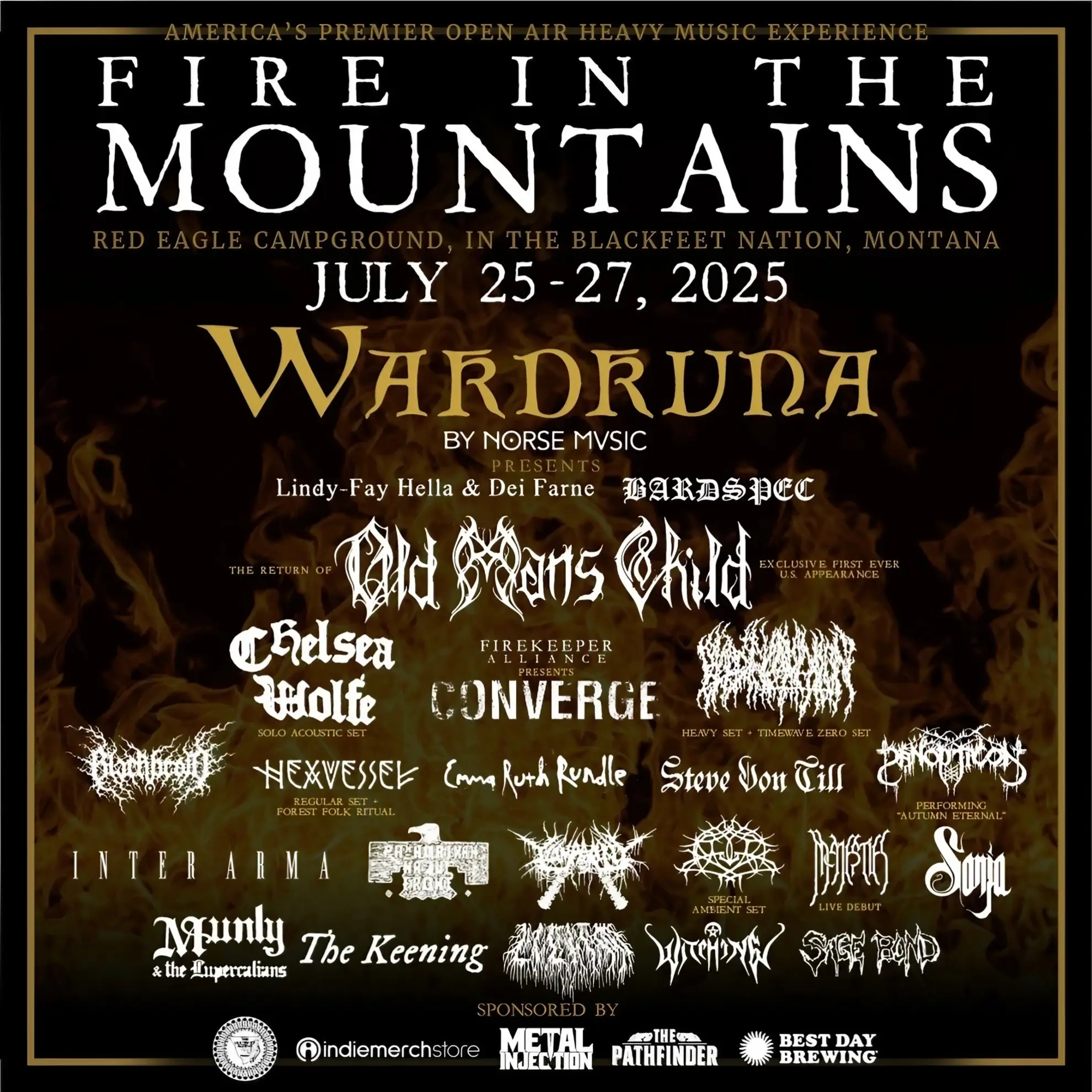 Dark background with flame motifs, bold serif and metal-style logos, headliner Wardruna centered above July 25–27, 2025 festival details.
