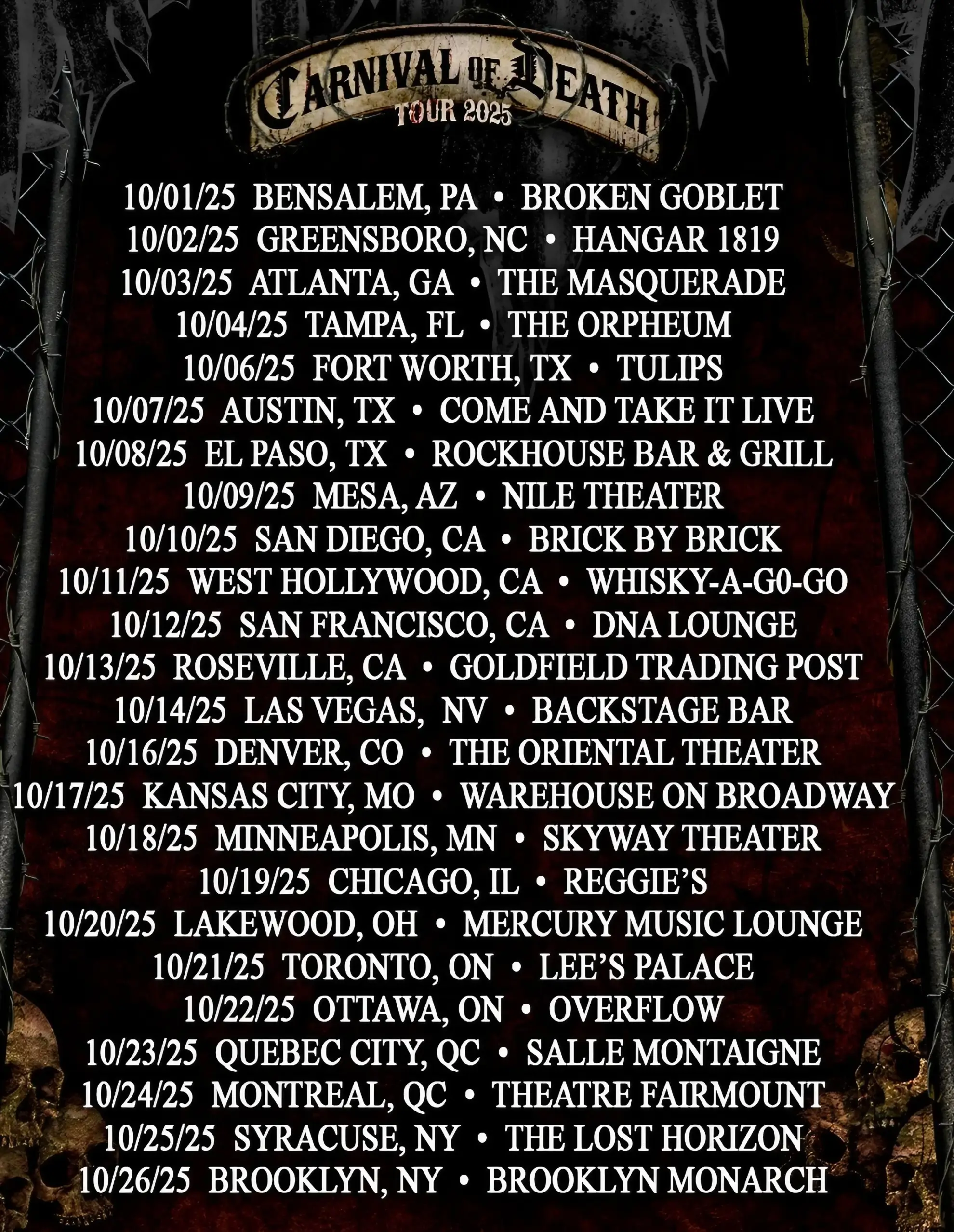 A gothic-style logo for the ‘Carnival of Death Tour 2025’ is centered above a list of United States of America and Canadian dates in white block lettering.