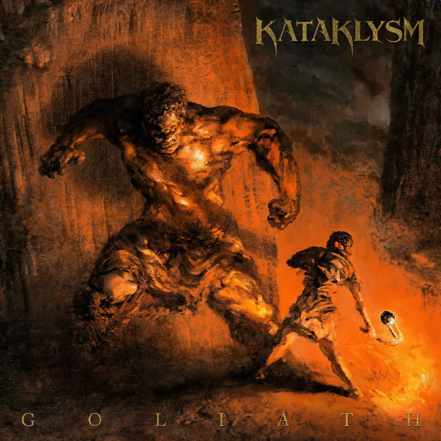A painting of a muscular, monstrous giant confronting a smaller man with a sling in a dark, fiery cavern.