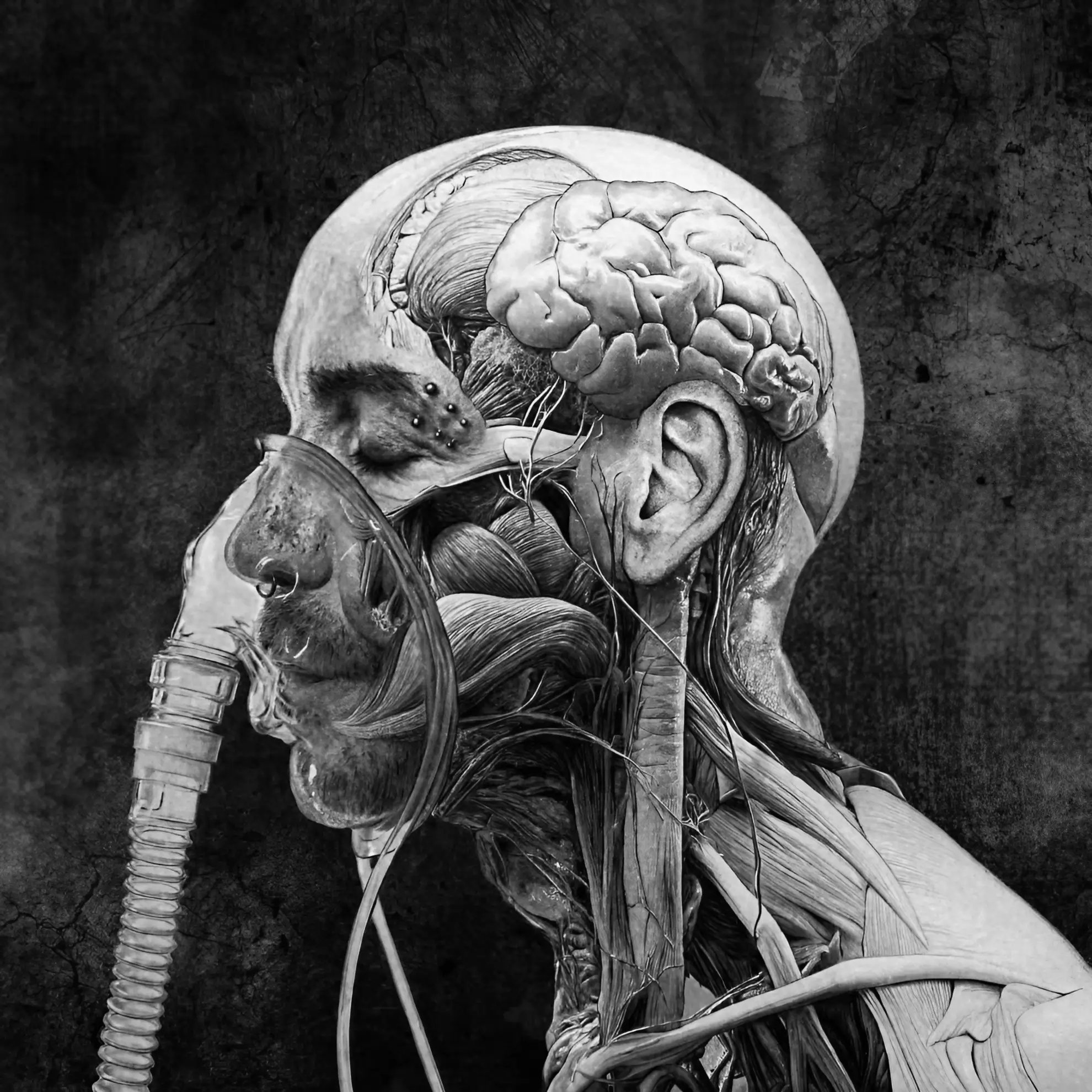 Detailed anatomical illustration of a human head in profile with exposed muscles, brain, and respiratory mask, in grayscale.