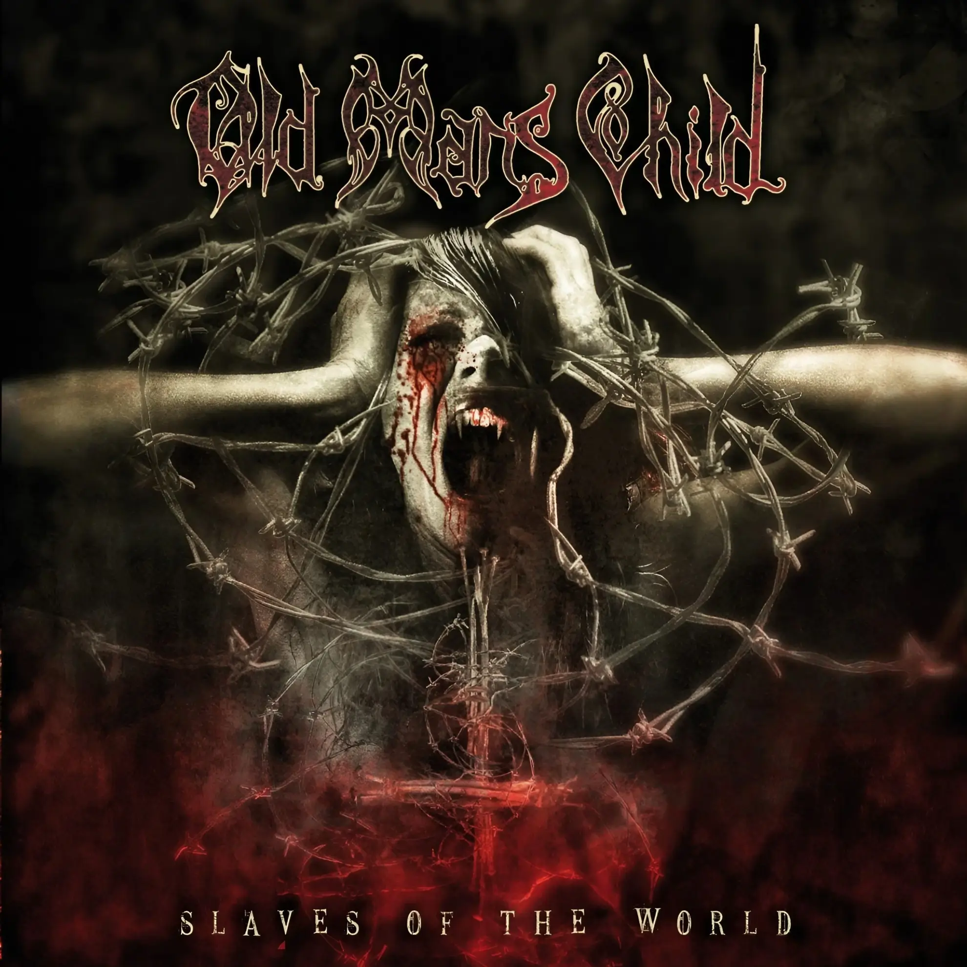 Old Man’s Child: New Album and First Festival Appearances in Over Twenty Years Distorted figure screaming behind barbed wire on a dark background with red accents; ‘Slaves of the World’ title below.