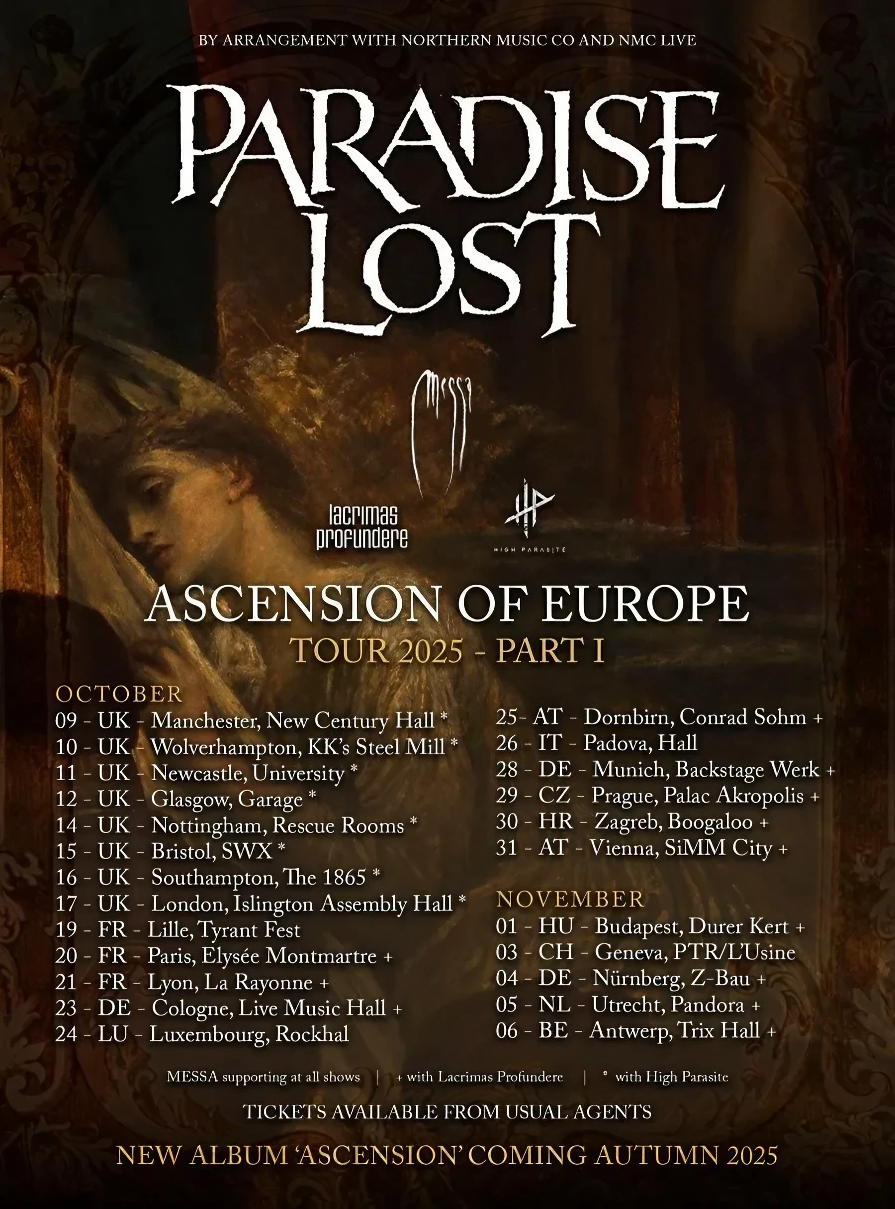 Dark poster with classical artwork background, large white text reading “Paradise Lost” above tour dates; serif font, logos, and venue info below.