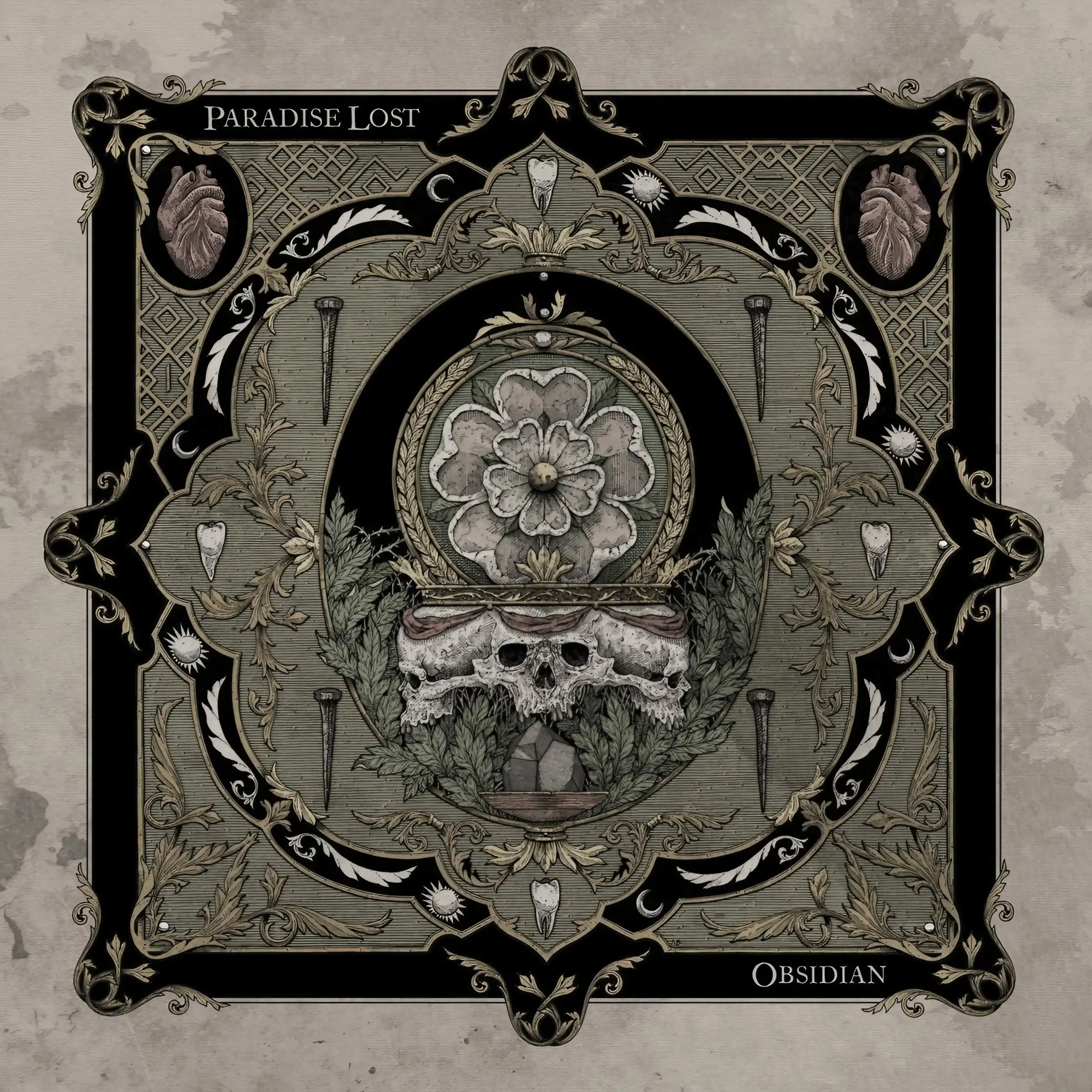 Illustrated floral emblem above a skull framed by teeth, nails, and hearts in a symmetrical pattern on a muted grey and black background.
