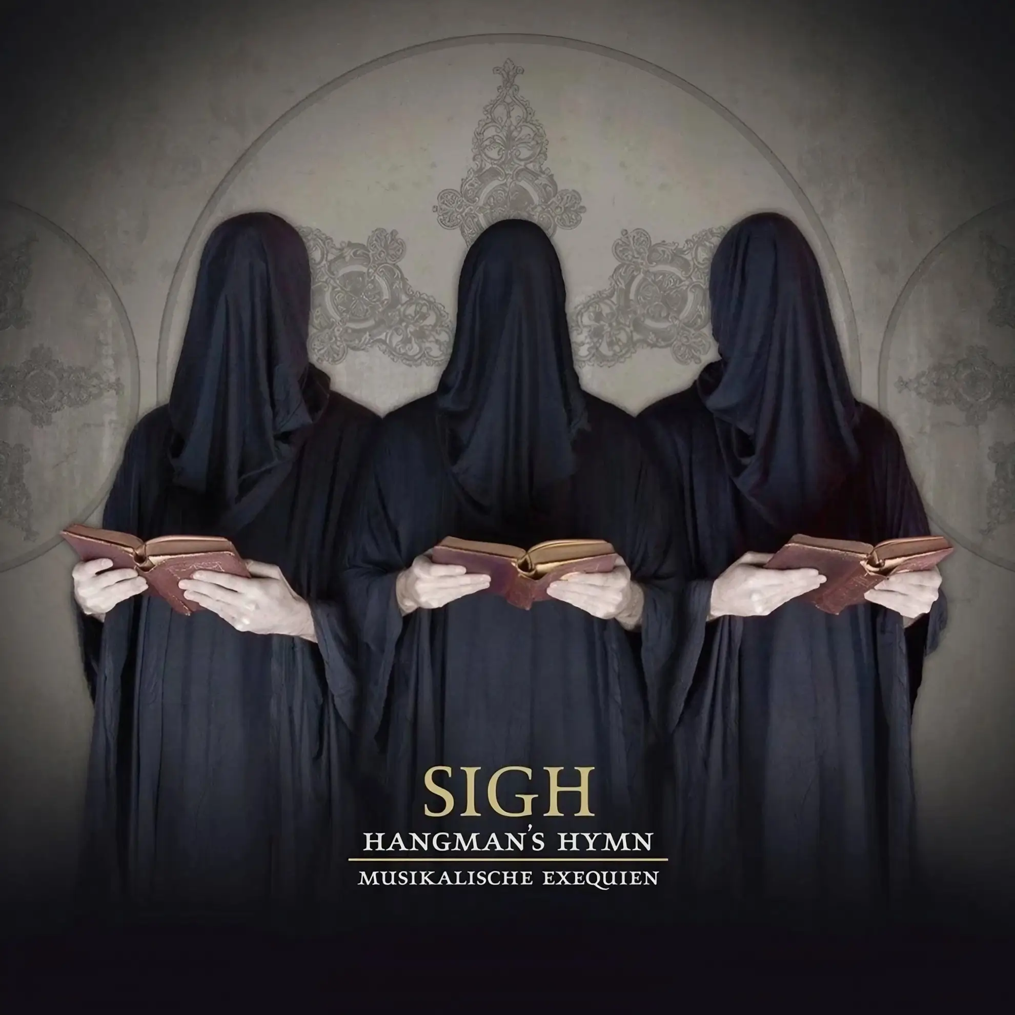 Three hooded figures in black robes hold open books against a grey background with ornate circular patterns; cover of ‘Hangman’s Hymn.’