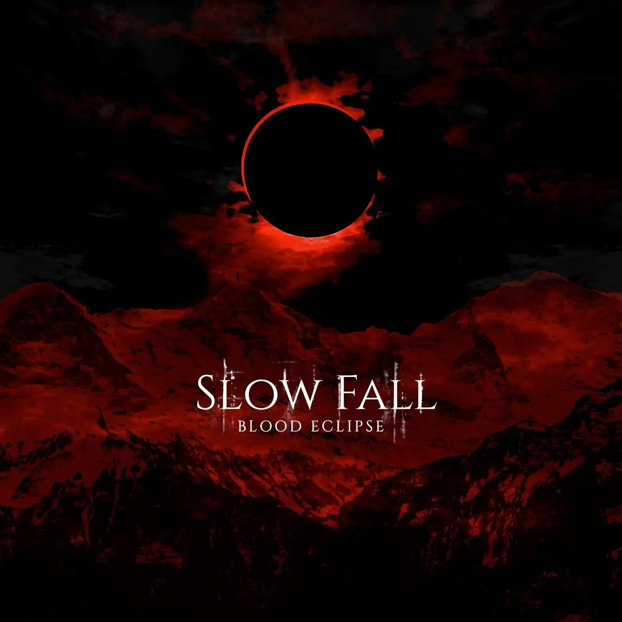 Black sun eclipse over red-tinted mountains with dark clouds; title ‘Blood Eclipse’ and band name Slow Fall centered in white text.