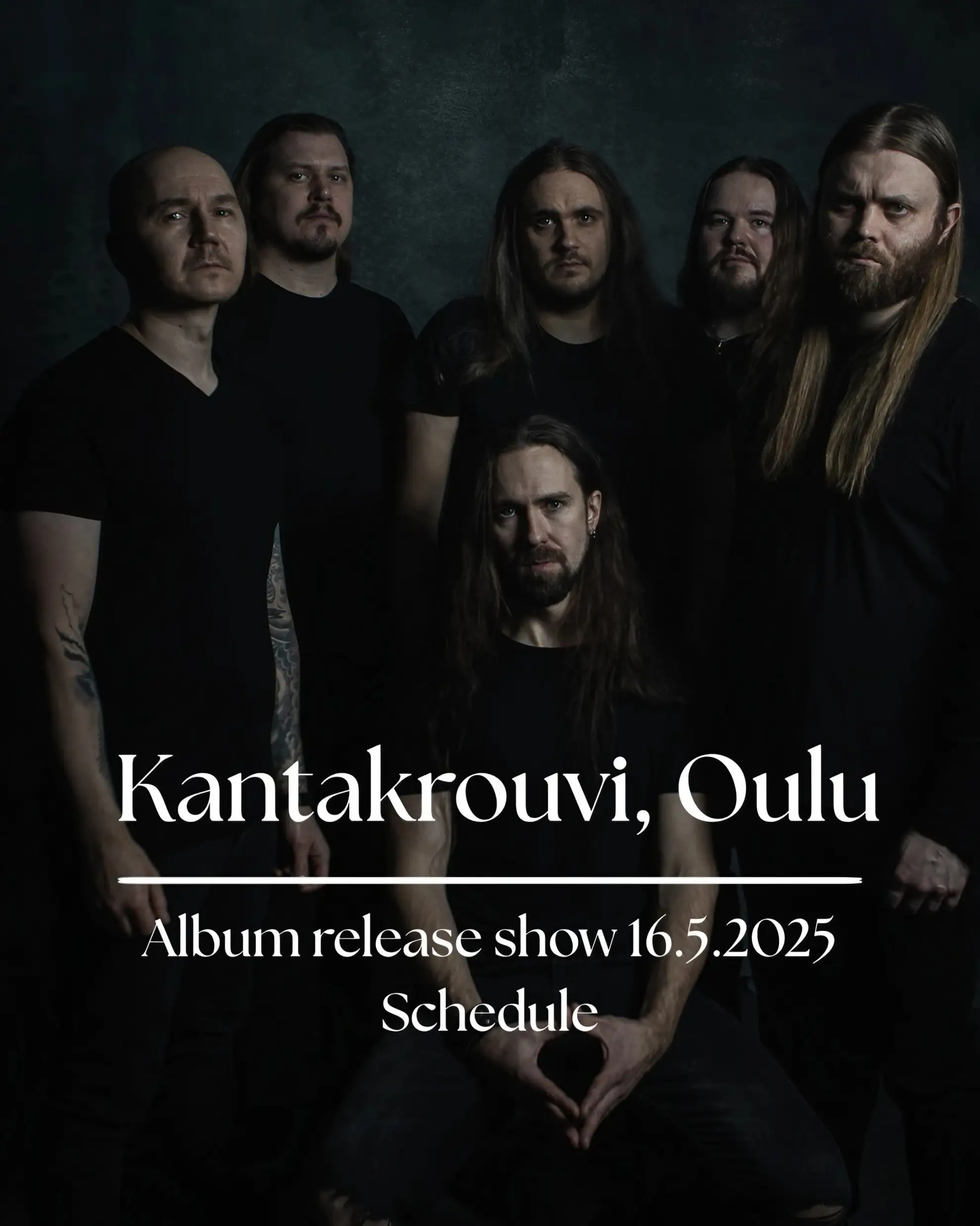 Dark-toned poster with band photo of Slow Fall, serif white text reads “Kantakrouvi, Oulu – Album release show 16.5.2025 – Schedule” centered.