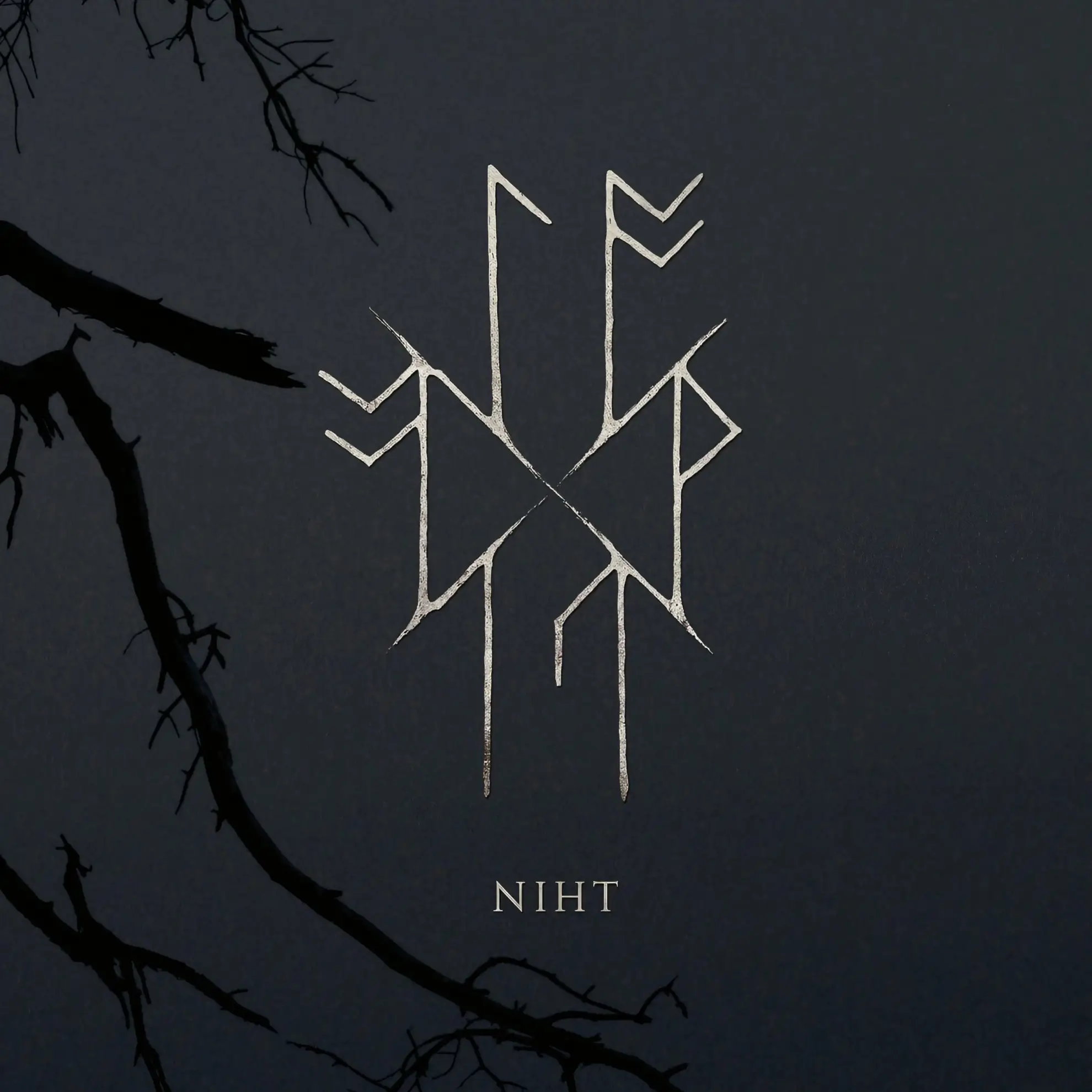A silver, runic-style symbol is centered on a dark grey background. Below is the word NIHT. A tree branch is in the corner.