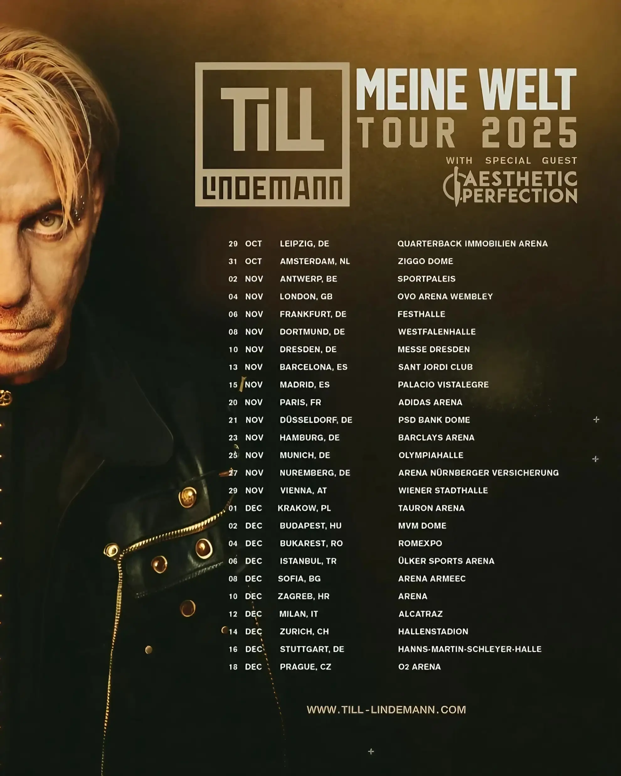 Dark background with gold gradients, close-up of Till Lindemann on the left, bold block text listing Meine Welt Tour 2025 dates and venues.