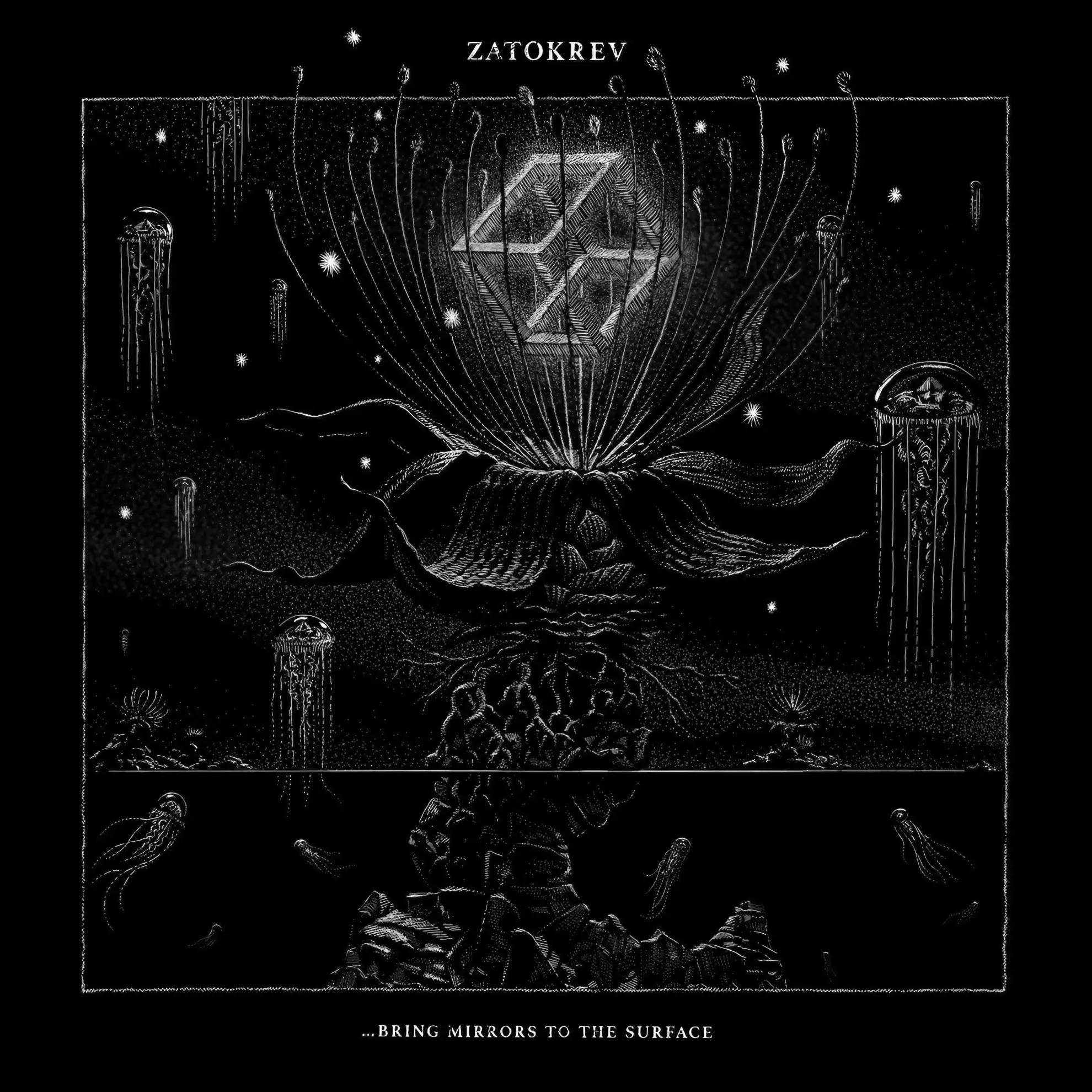 Black-and-white artwork for ‘Brings Mirrors to the Surface’ featuring a mirrored crystal above a large flower-like structure and jellyfish.