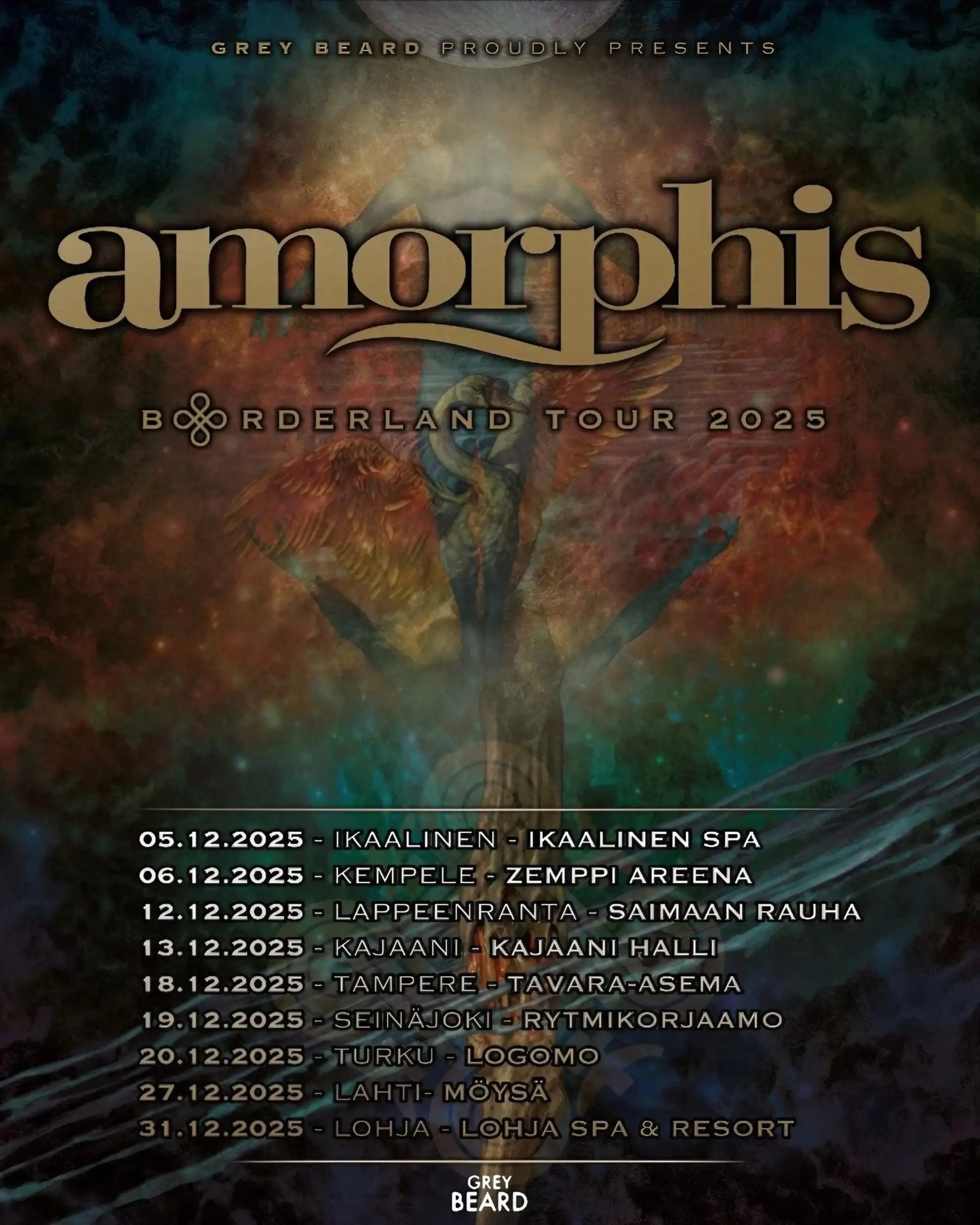 Dark background with abstract artwork, large gold Amorphis logo centered, Borderland Tour 2025 below in serif type; Finnish tour dates listed in bold white text.