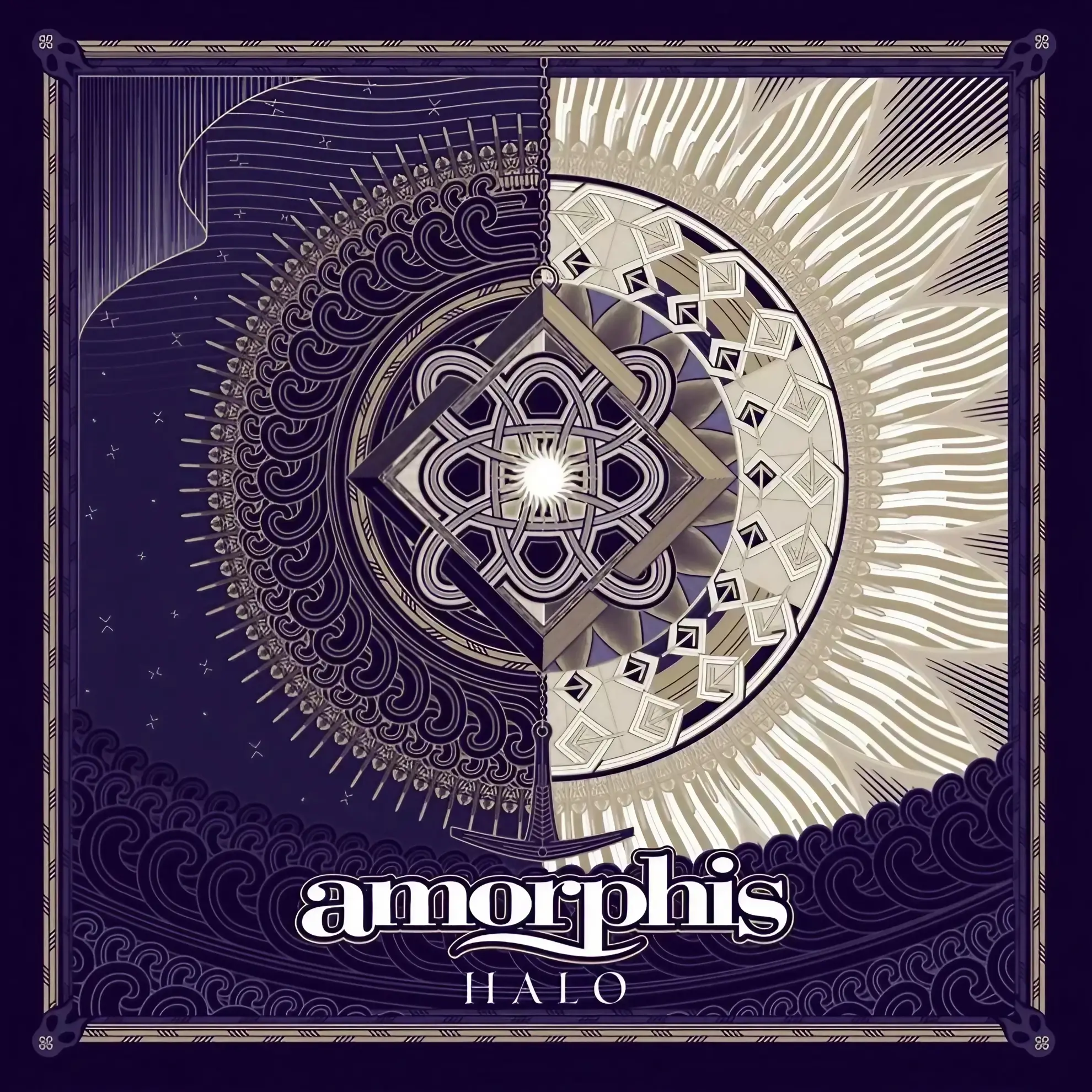 Geometric artwork for the album ‘Halo’ by Finnish band Amorphis, featuring a central mandala split between night and day motifs.
