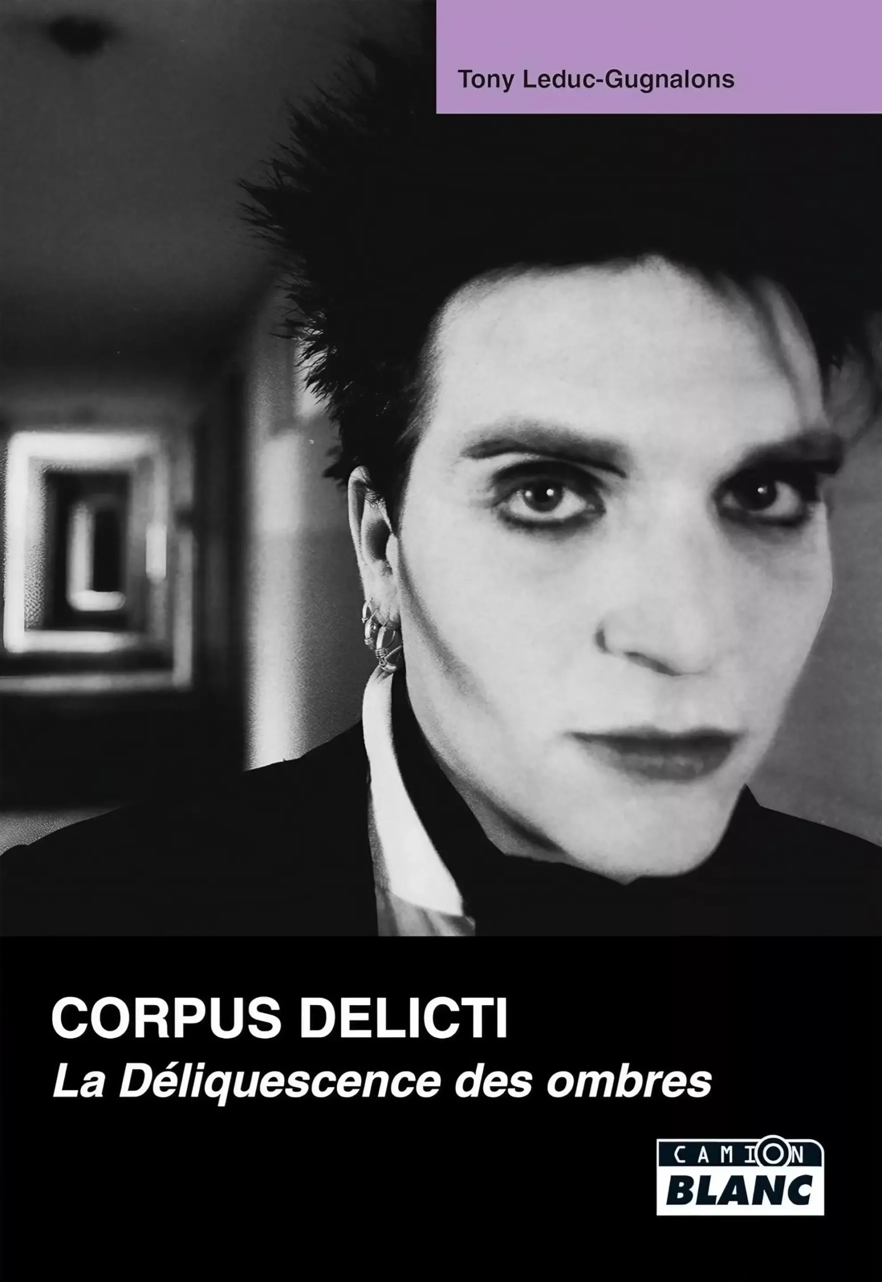 Black-and-white book cover featuring a close-up of a person with dark eye makeup and spiked hair; corridor background fades into darkness.