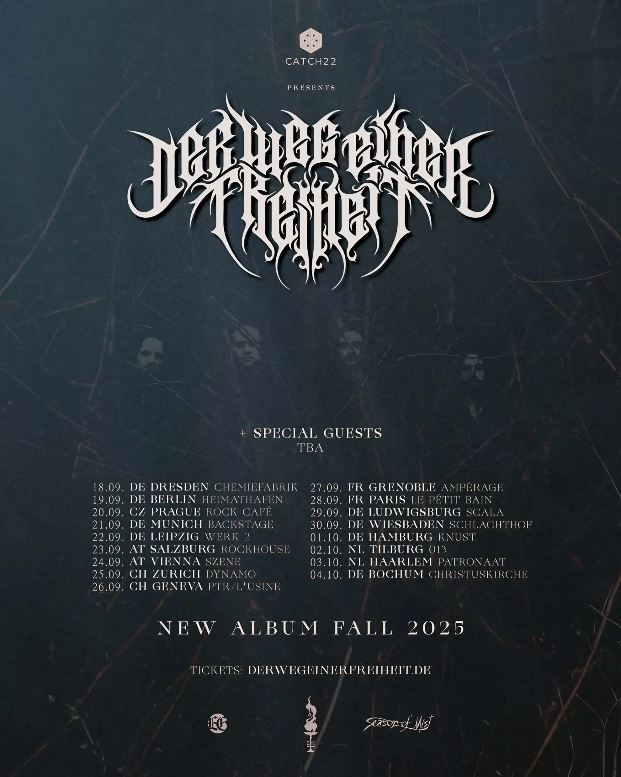 Dark background with thin branch textures, stylized white band logo centered above fall 2025 European tour dates in serif type.