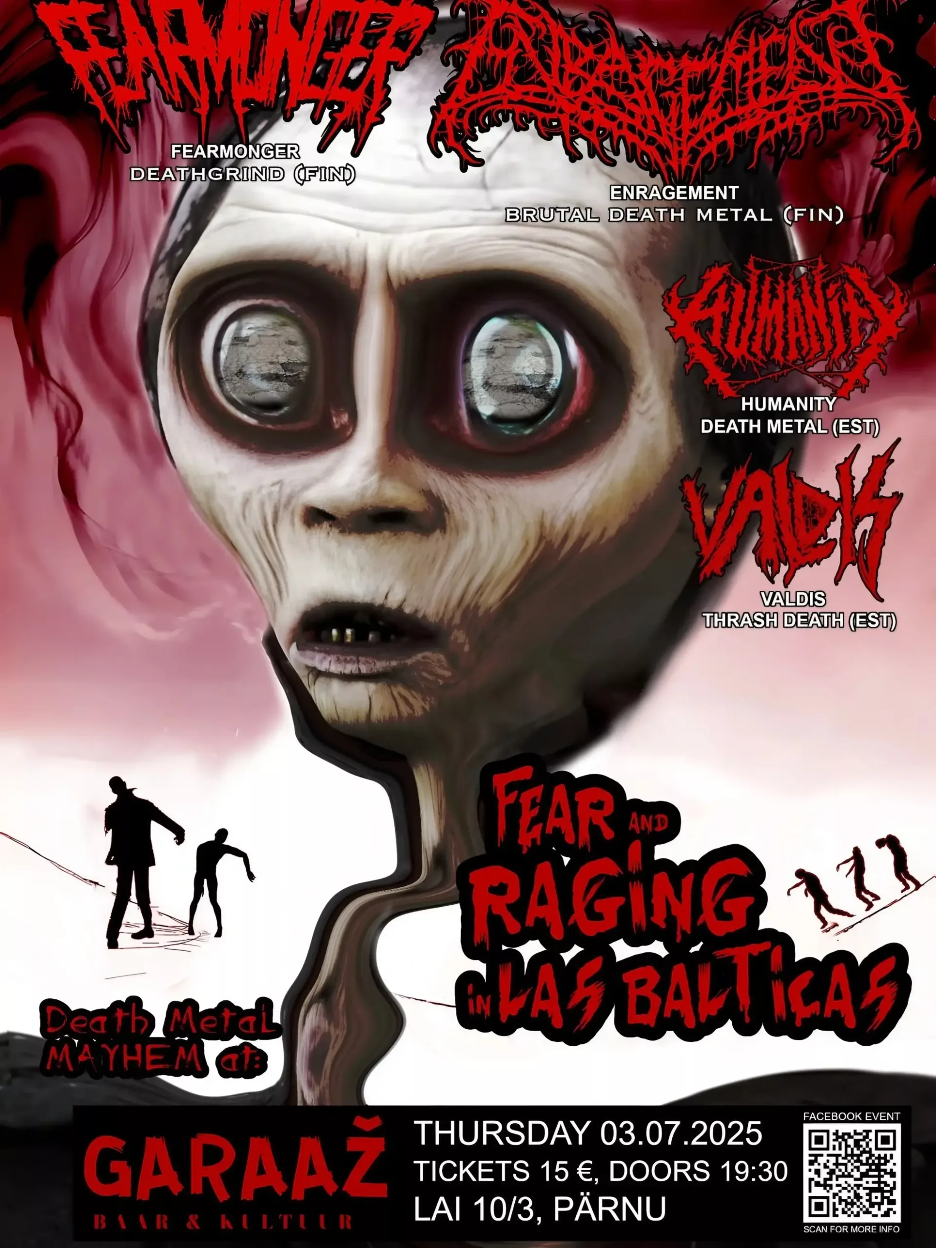A stylized figure with huge, blank eyes below red death metal band logos. Jagged red text reads 'Fear and Raging'.