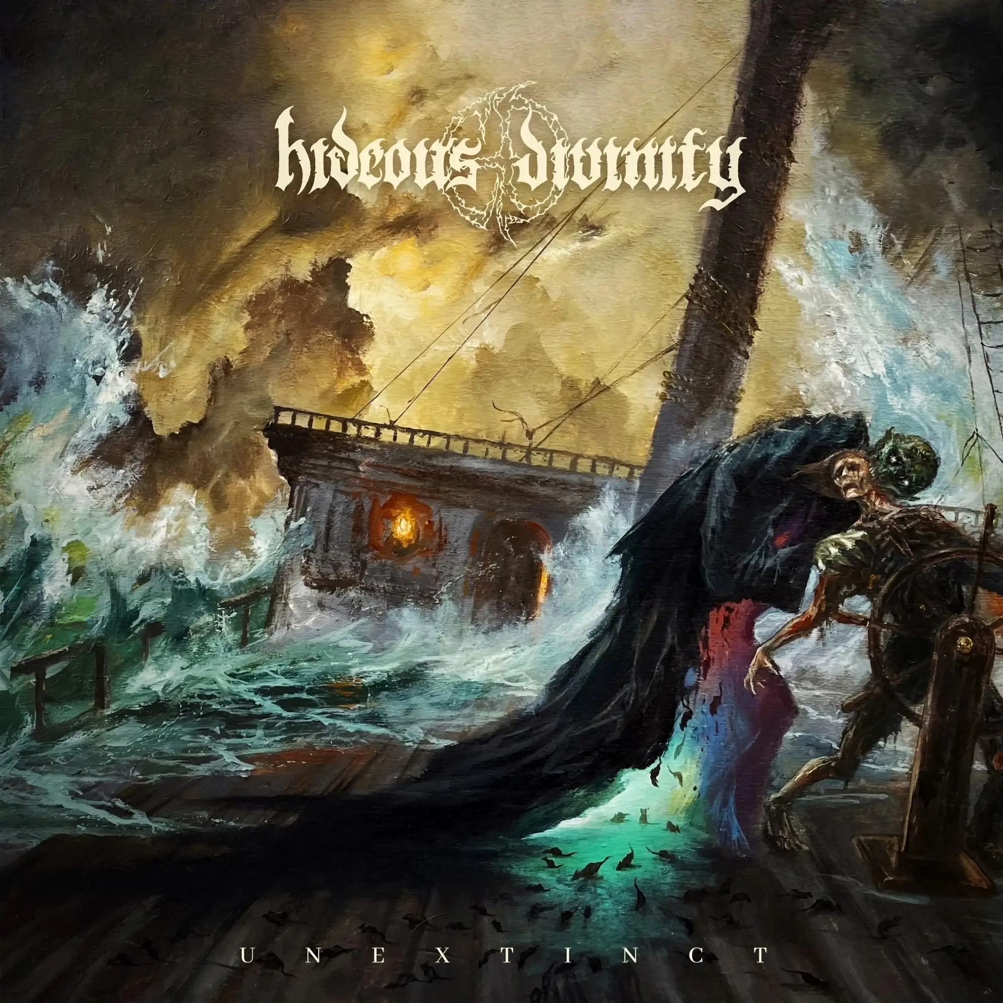 Stormy seascape with a skeletal figure steering a ship, cloaked entity behind, dark waters and flames, from ‘Unextinct’ by Italian band Hideous Divinity.