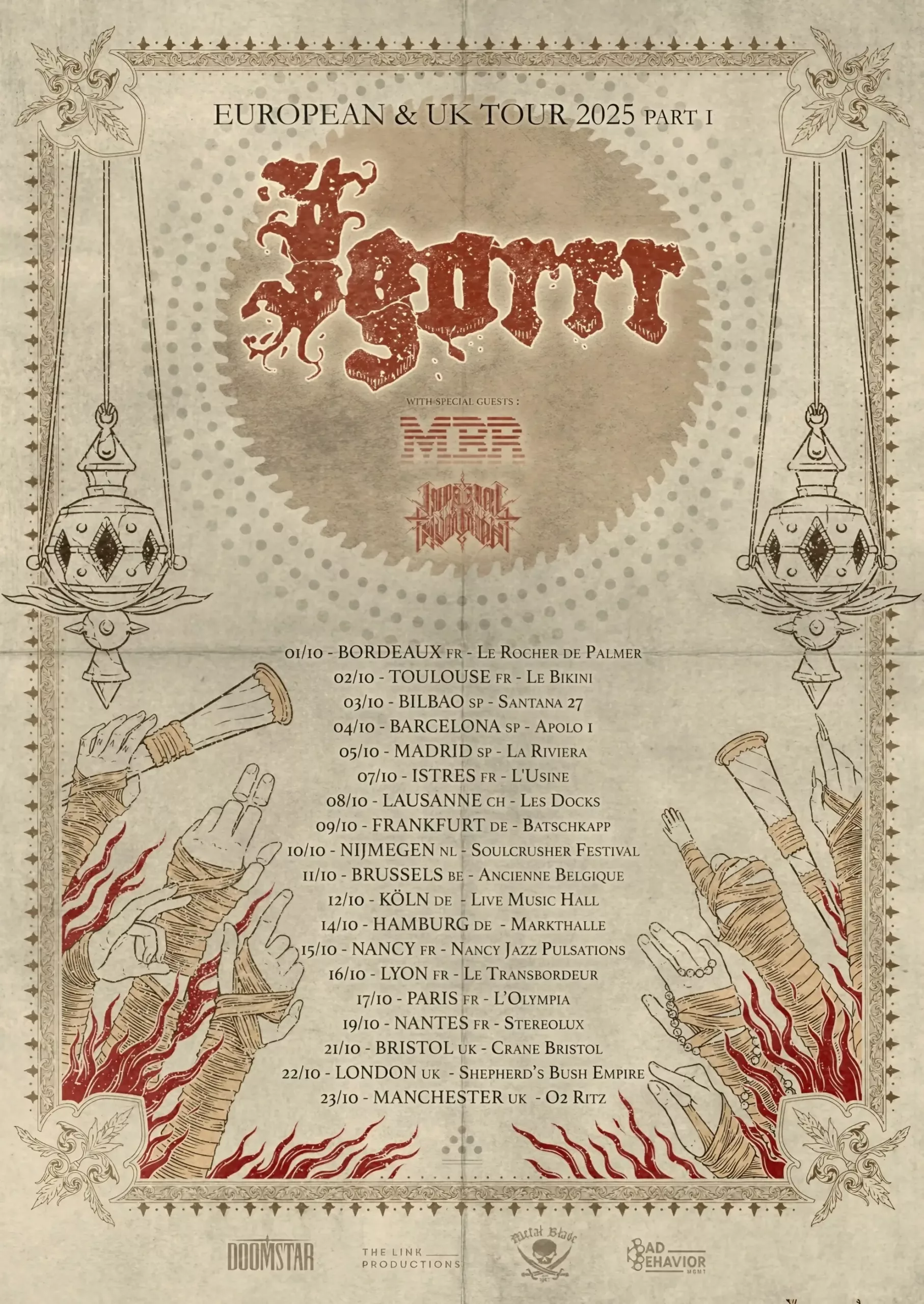 Beige textured background with red Gothic lettering for Igorrr, flanked by incense burners and bandaged hands; tour dates below in serif font.