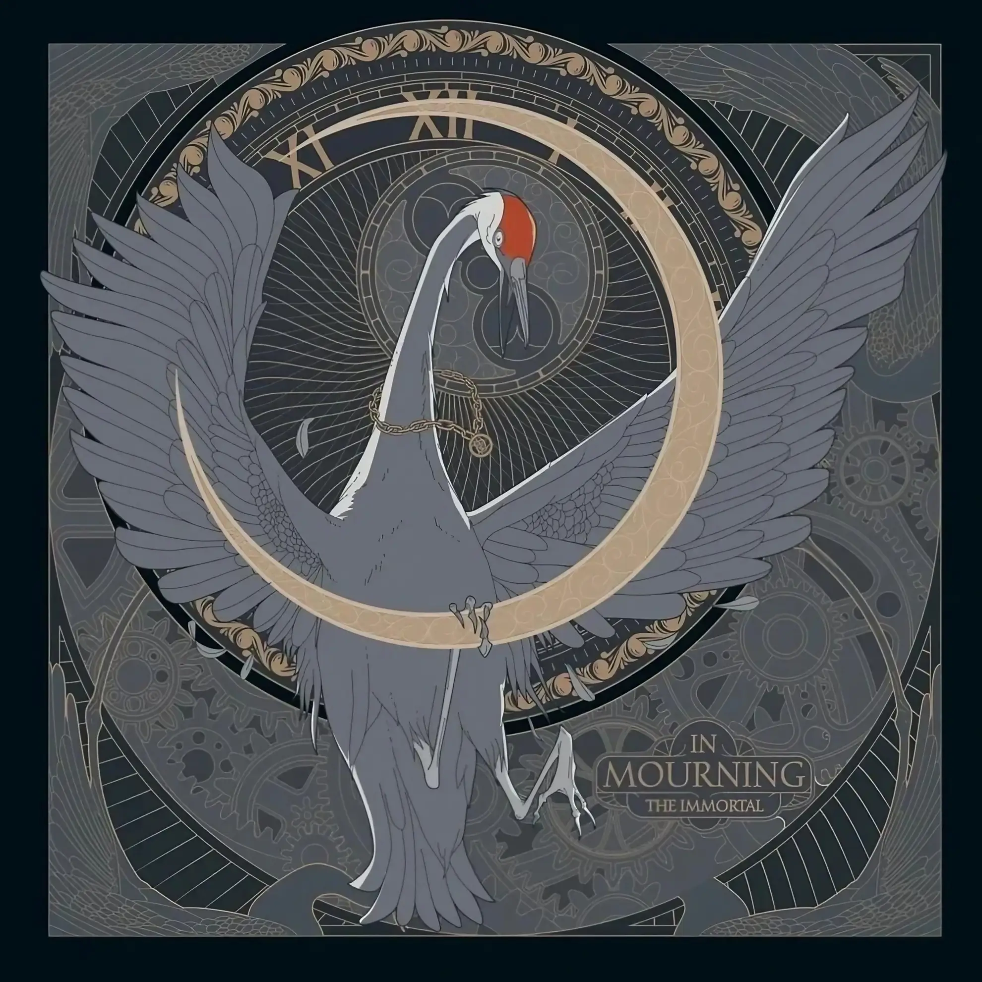 Illustrated crane with outstretched wings holding a golden crescent, set against gears and clockwork in muted grey and gold tones.
