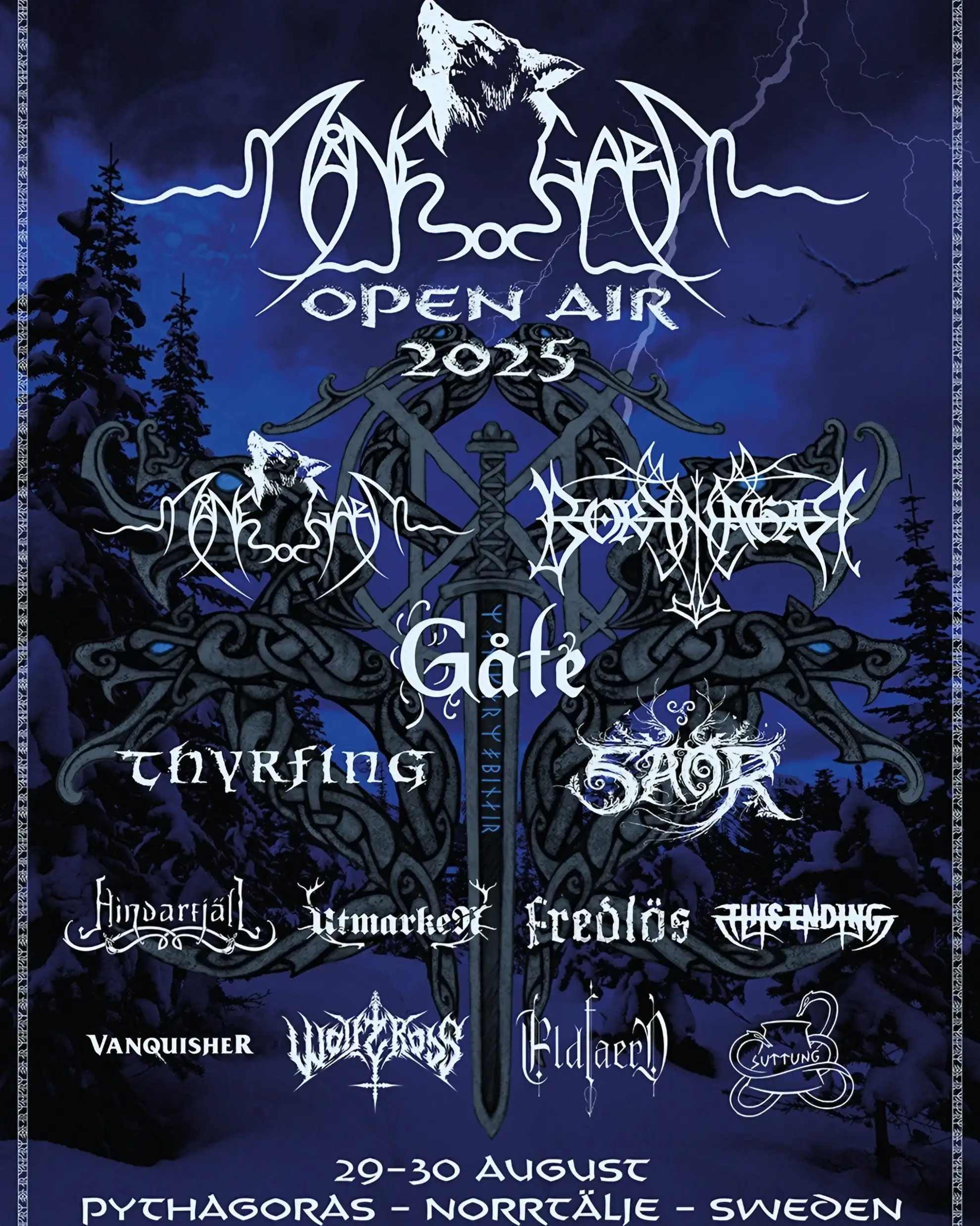 Dark blue poster with lightning, Norse design motifs, and Månegarm logo above headliners Månegarm, Borknagar, Gåte, and Thyrfing.