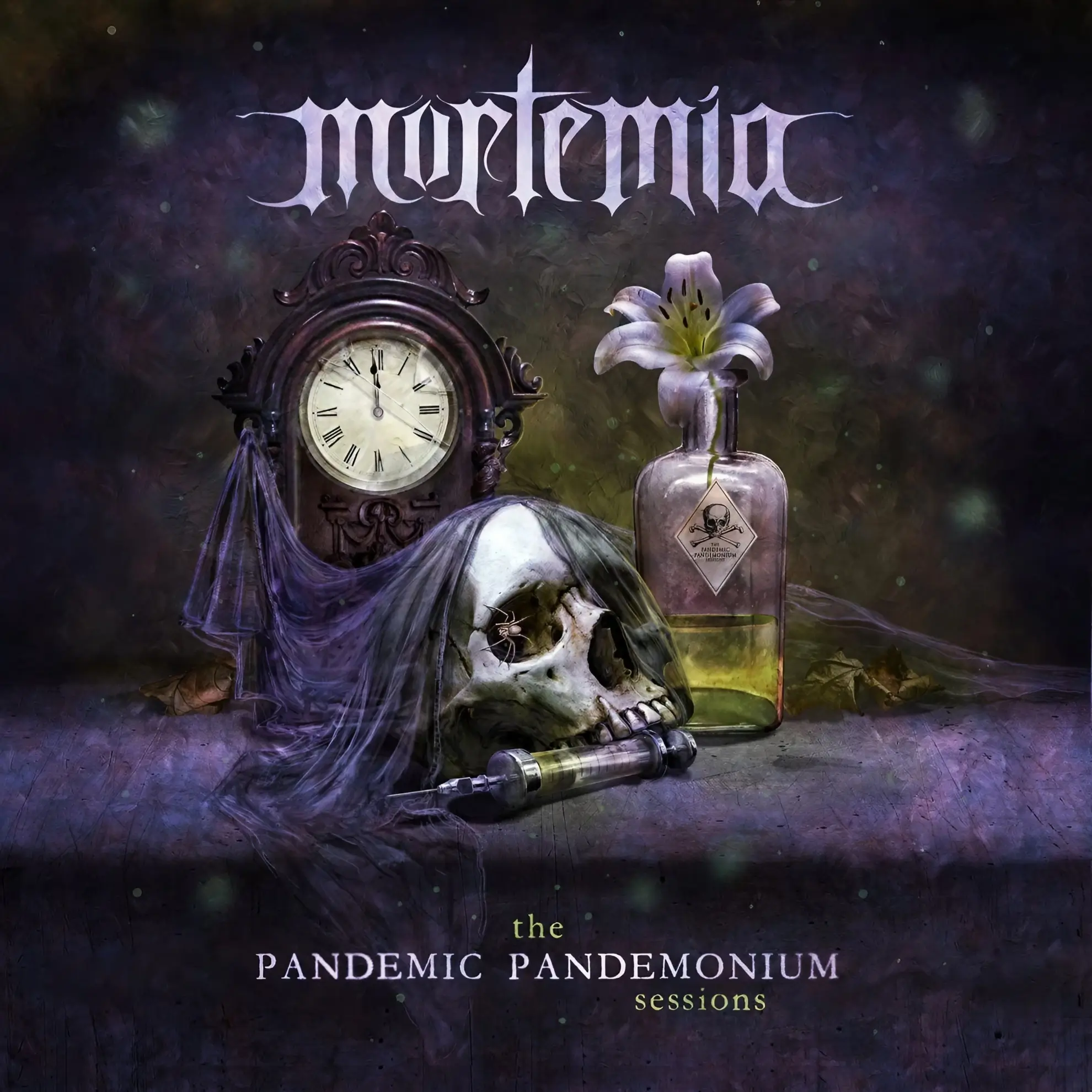 Skull with syringe, antique clock, white lily in poison bottle, and purple veil on dark textured background for ‘The Pandemic Pandemonium Sessions.’