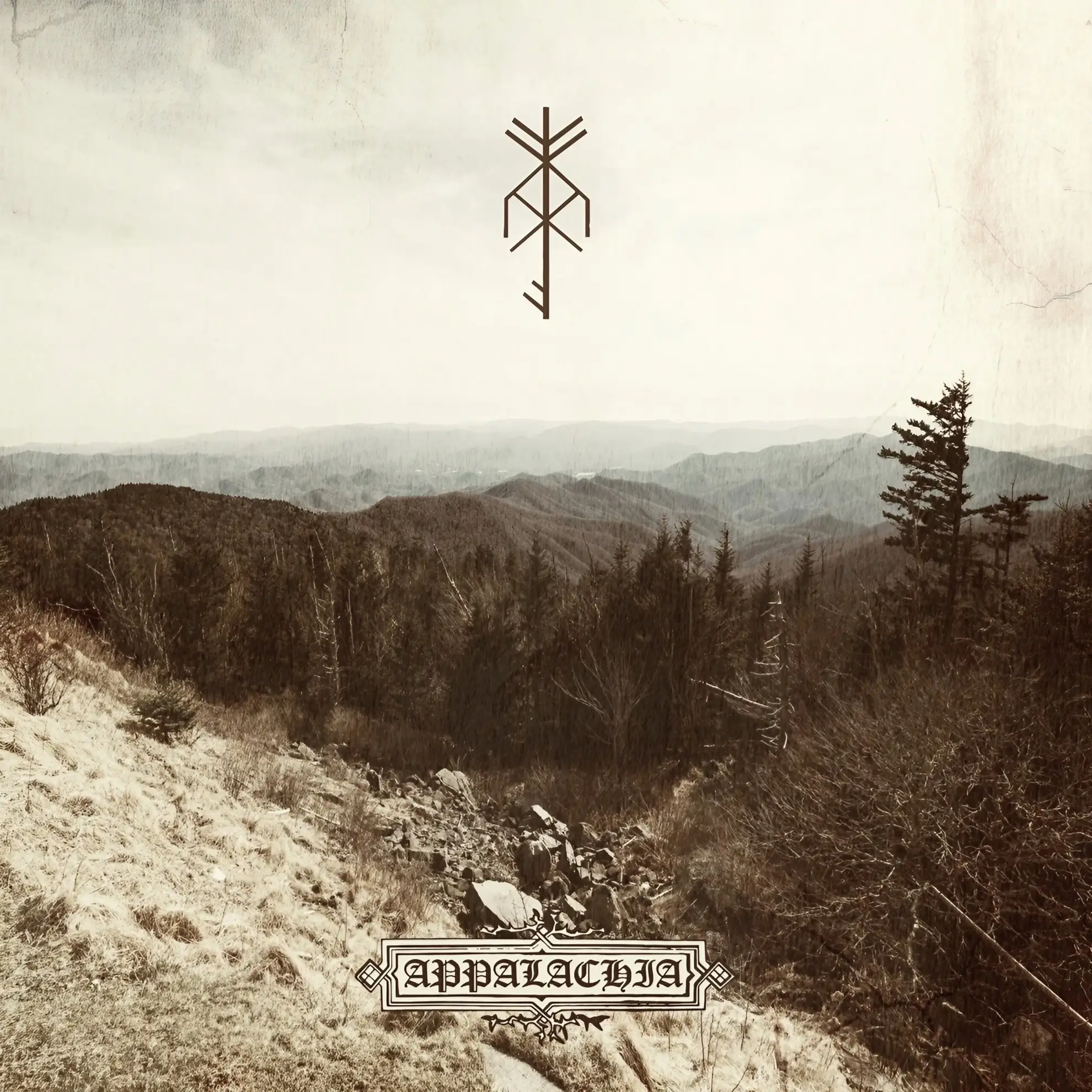 Sepia-toned mountain landscape with distant ridges under a pale sky, Nordic rune above horizon, and ‘Appalachia’ text in ornate frame.