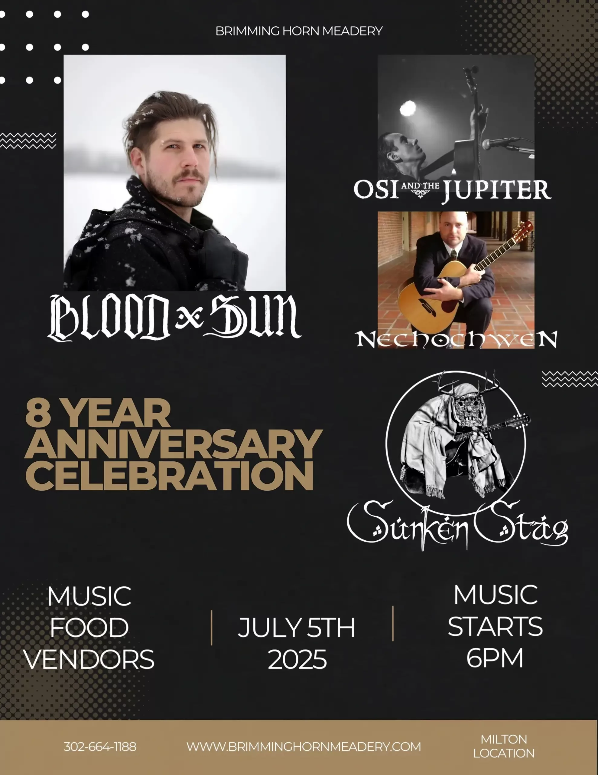 Dark background with gold and white text, portraits of featured acts Blood and Sun, Osi And The Jupiter, Nechochwen, and Sunken Stag; bold serif typography announcing Brimming Horn Meadery’s 8-year anniversary concert on July 5, 2025.