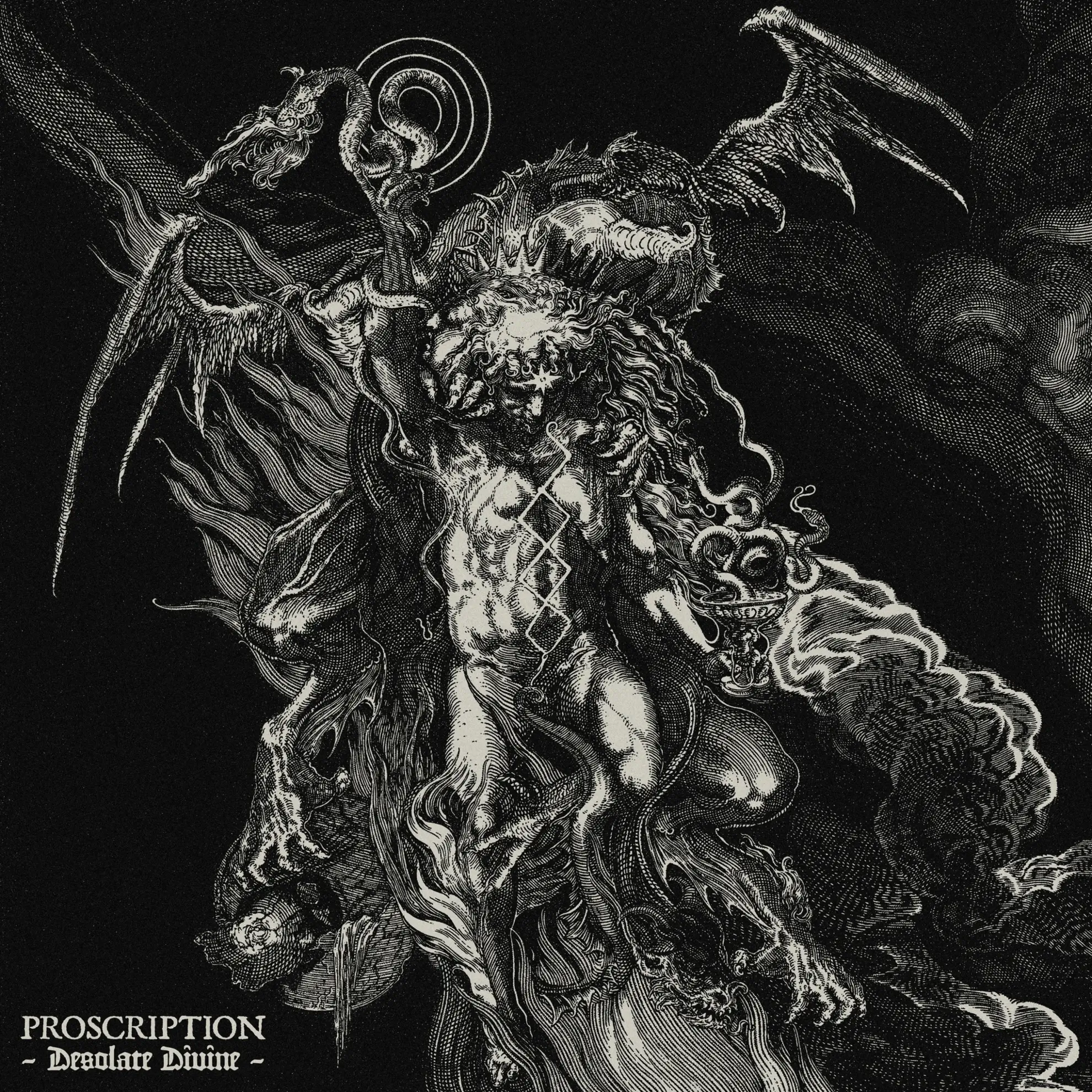 Engraved-style artwork of a crowned humanoid figure with wings, serpents, and a chalice, in black and white with dense textures.