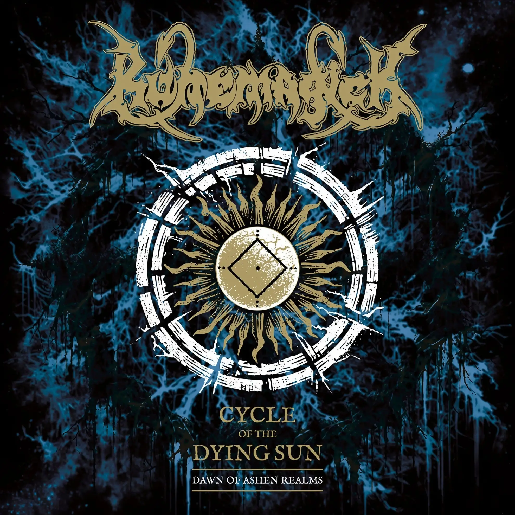 Gold and white circular sigil with radiating sun motif over a black and blue textured background; Runemagick logo above, ‘Cycle of the Dying Sun’ title below.