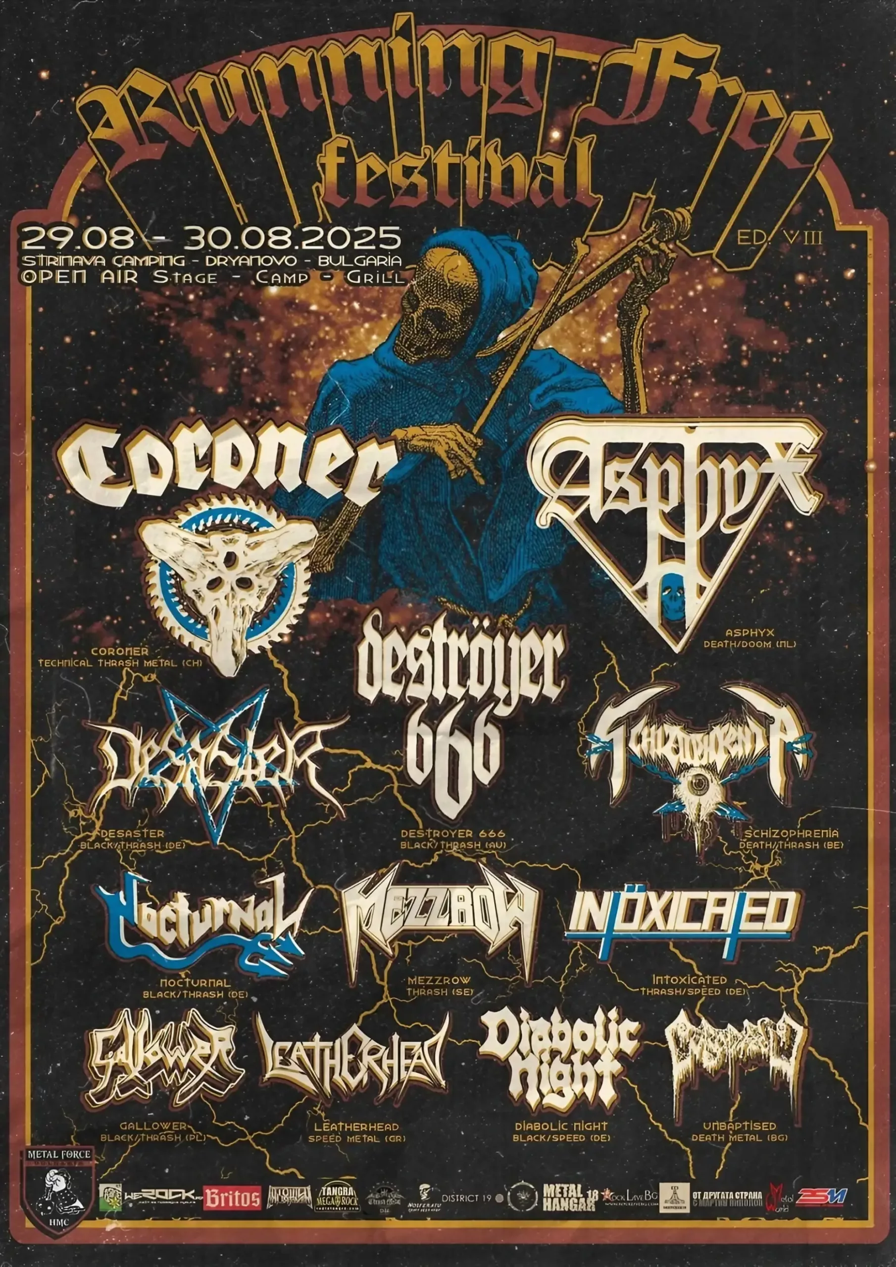 A blue-robed skeleton with a scythe is centered above stylized logos for Coroner, Asphyx, and other metal bands.