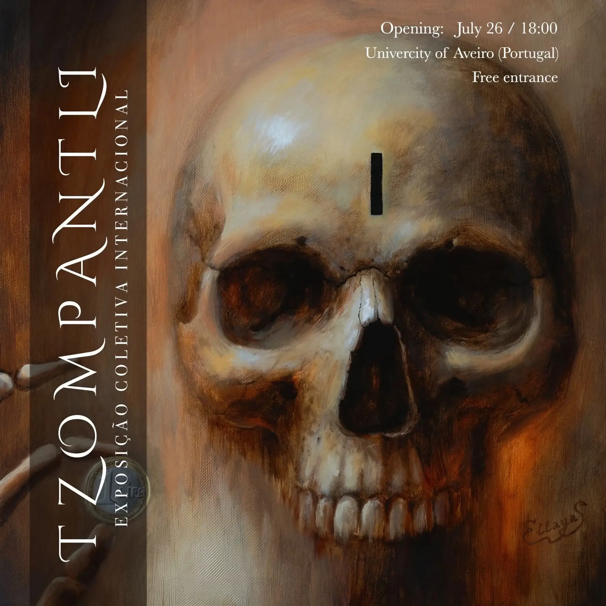 Painted skull with a black mark on the forehead, vertical title text on left, event details in small white text on top right.