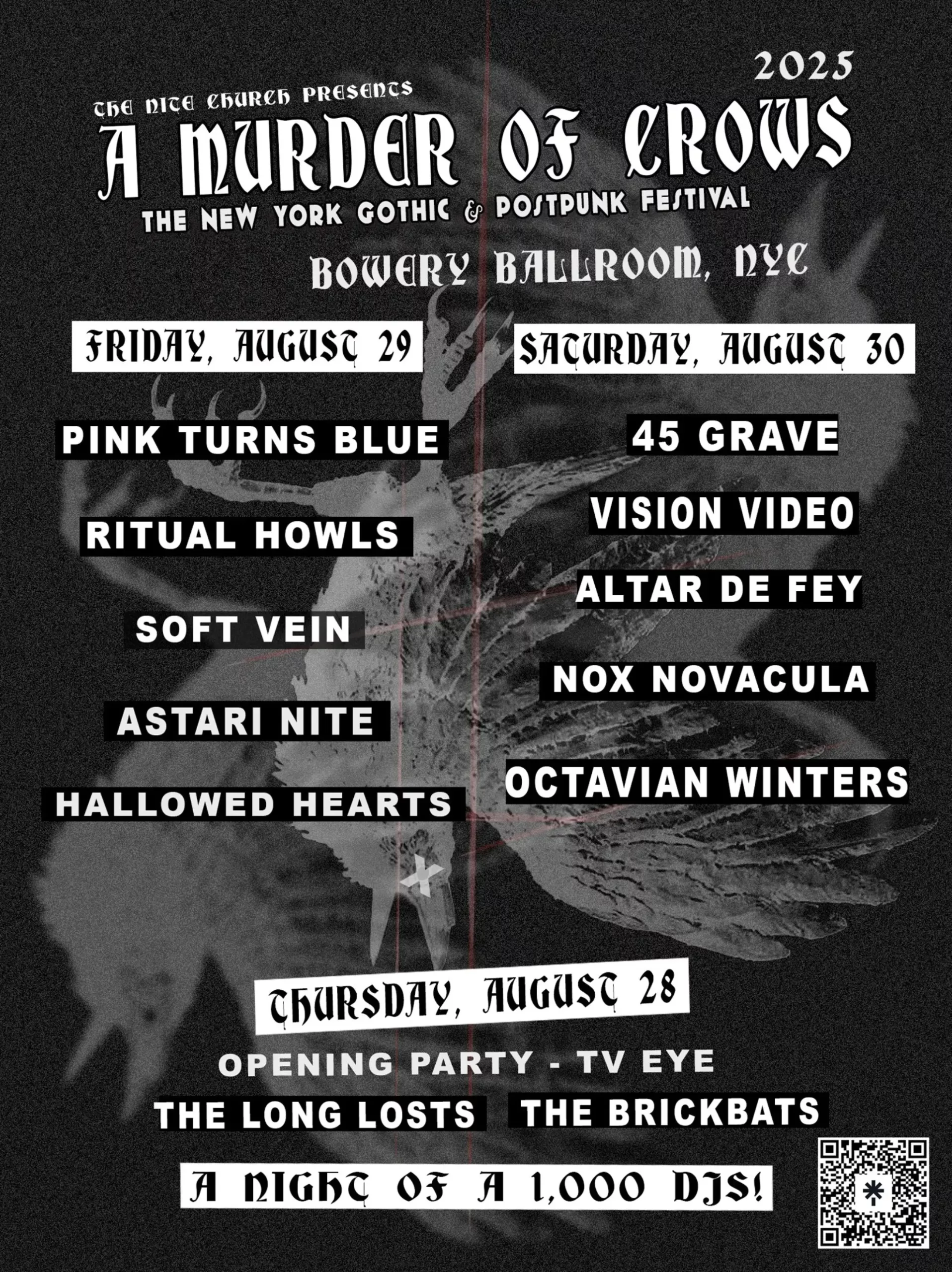 A Murder of Crows Festival: A Ten-Year Post-Punk Pilgrimage in New York This August Dark background with skeletal crow artwork, gothic and block lettering, and large type for headliners Pink Turns Blue and 45 Grave.