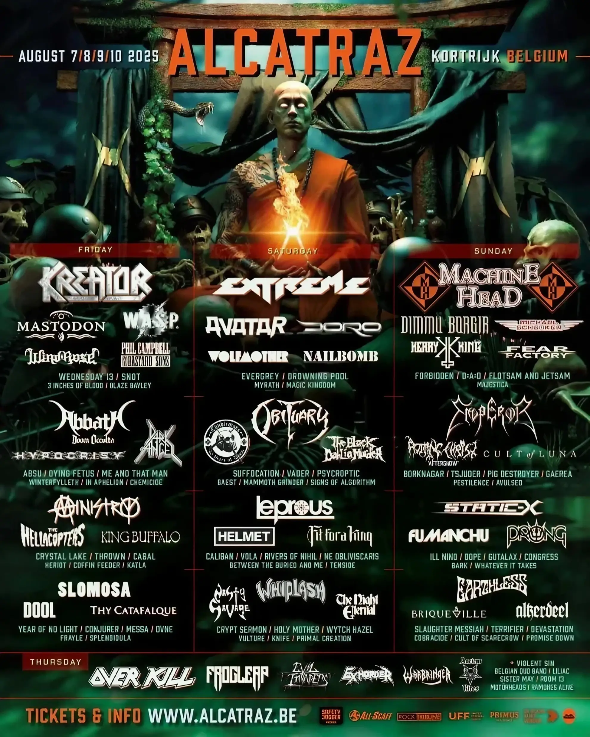 Dark poster with a skeletal monk, bold Alcatraz title, and headliners Kreator, Extreme, and Machine Head in large text.