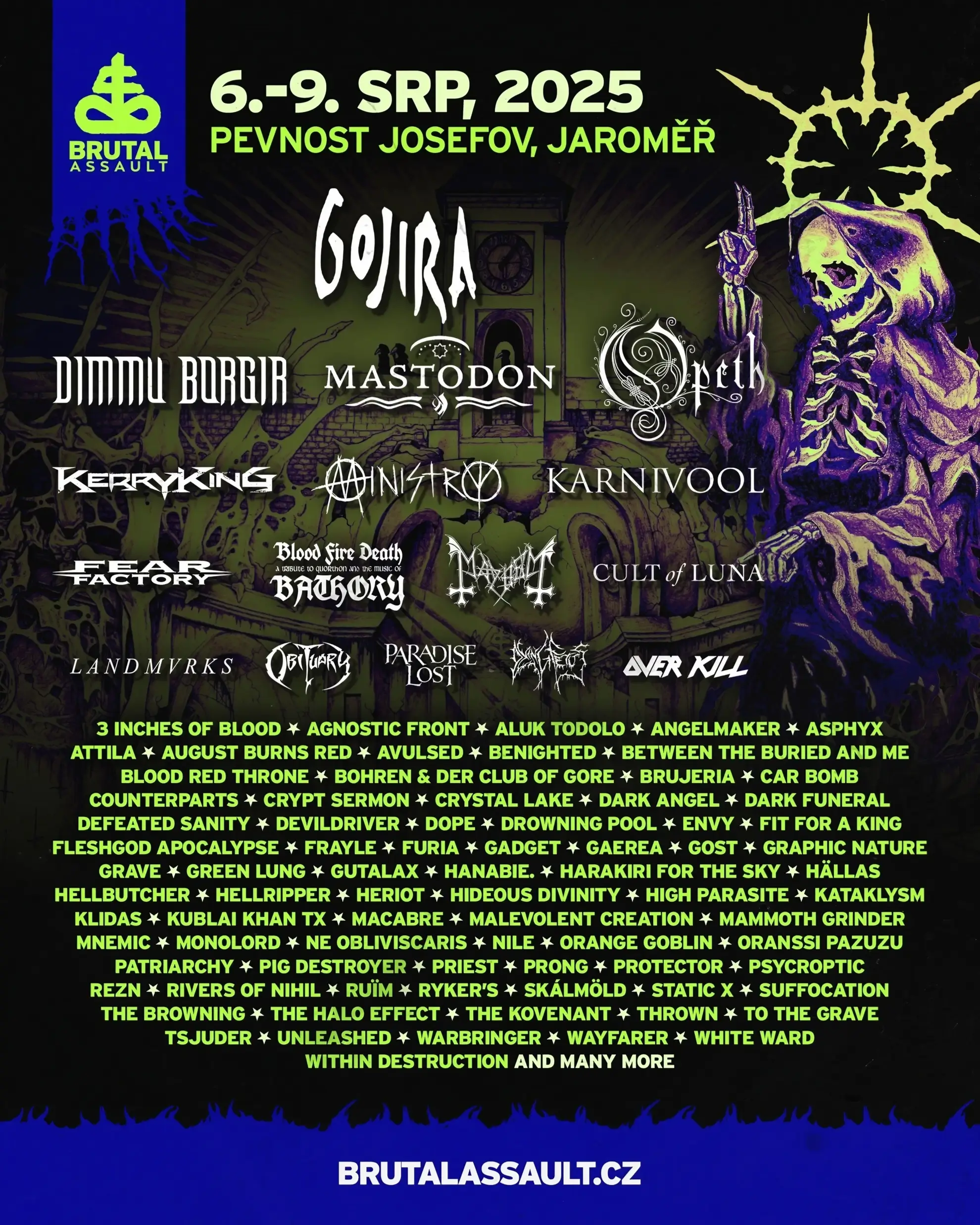 Dark illustrated background with skeletal figure, neon green and purple tones, and bold logos for Gojira, Dimmu Borgir, and Opeth above venue and date details.