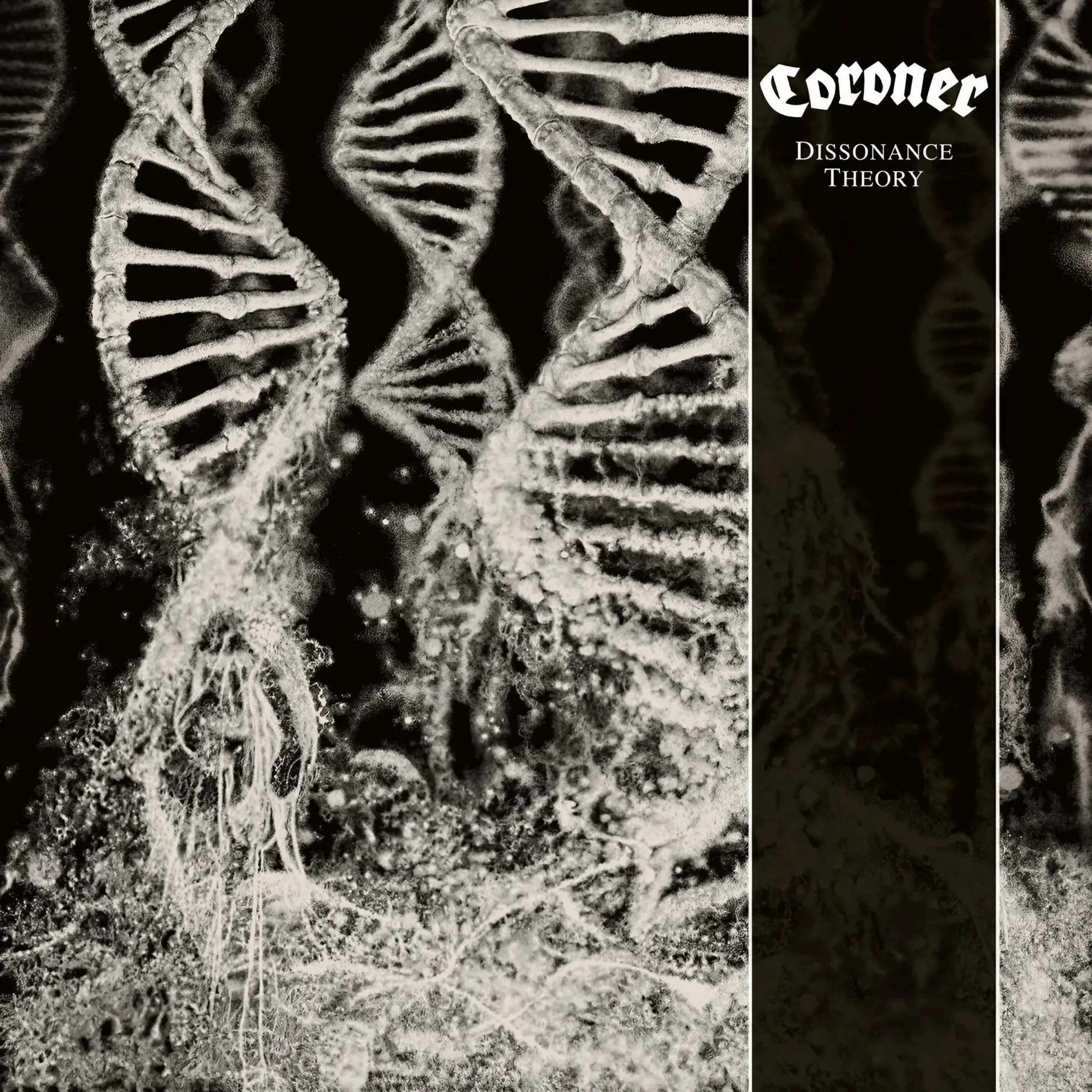 The album cover for Coroner’s ‘Dissonance Theory,’ featuring a black and white abstract image of dissolving DNA strands.