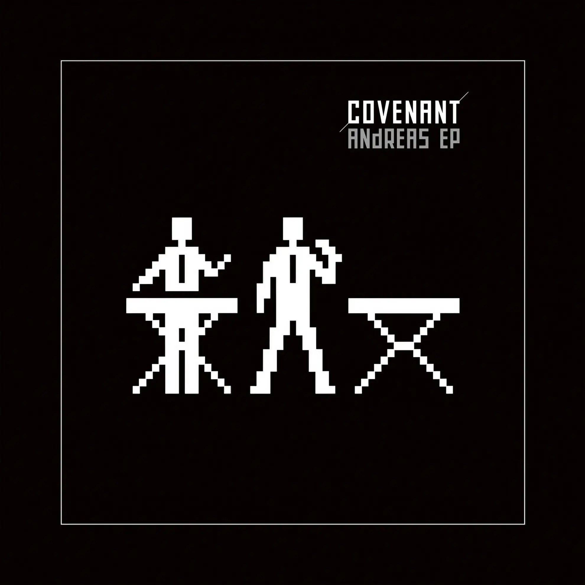 The pixel art cover for Covenant’s ‘Andreas’ EP depicts two band members on stage, with a poignant empty space where a third member would be.
