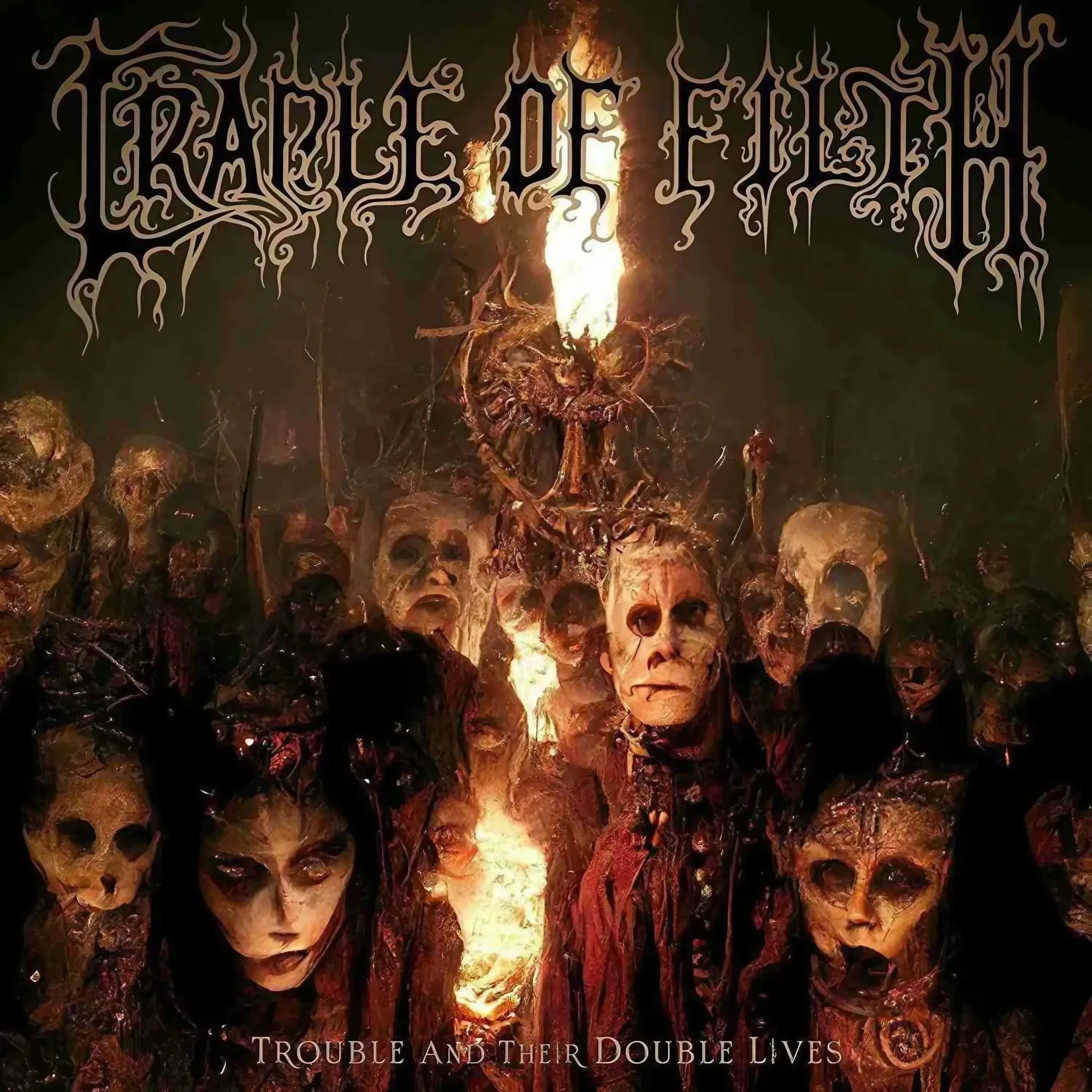 The album cover for Cradle of Filth’s ‘Trouble and Their Double Lives,’ featuring a crowd of macabre, masked figures.