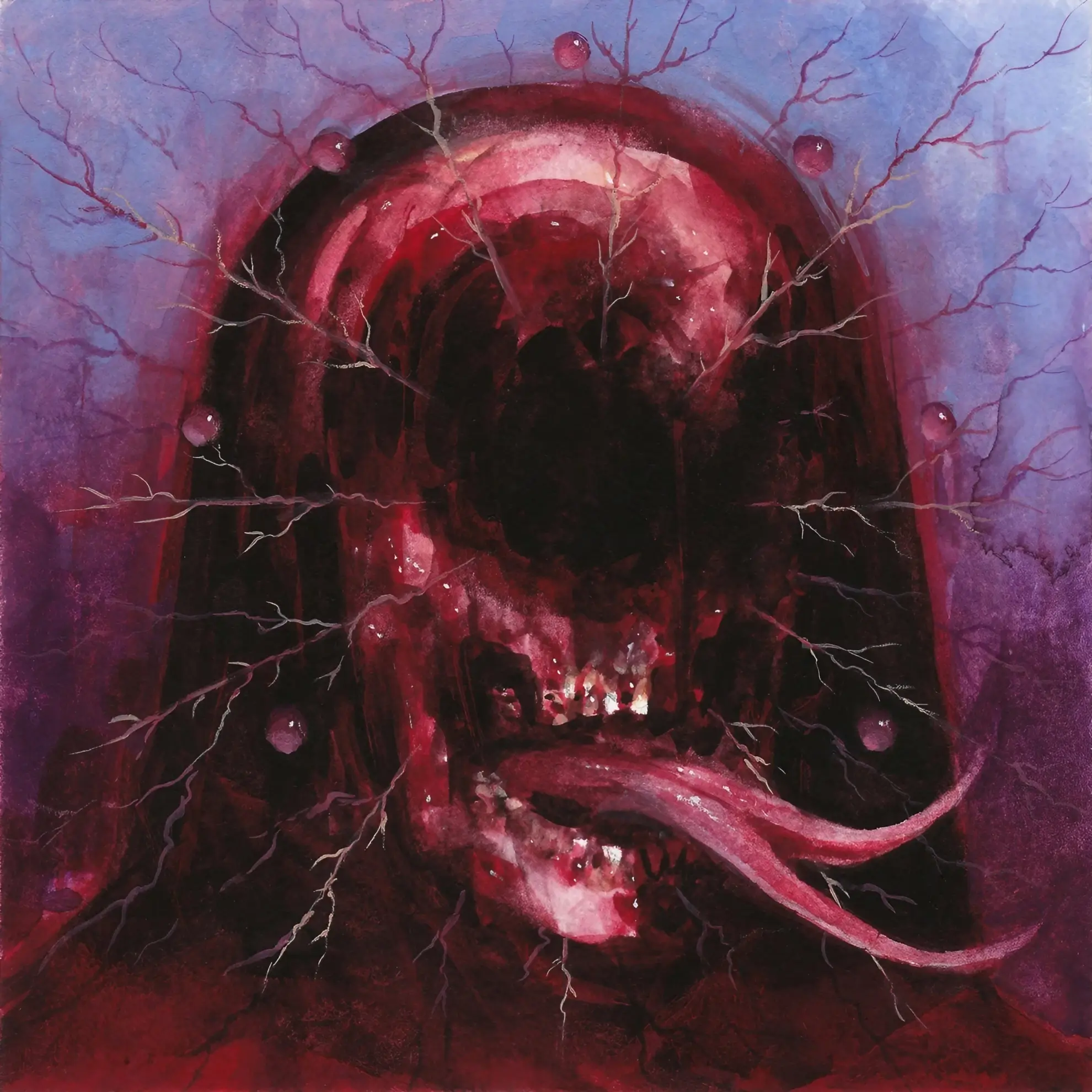 The album art for Drofnosura’s ‘Ritual of Split Tongues,’ a surreal painting of a screaming, distorted face with two tongues, surrounded by barren branches.