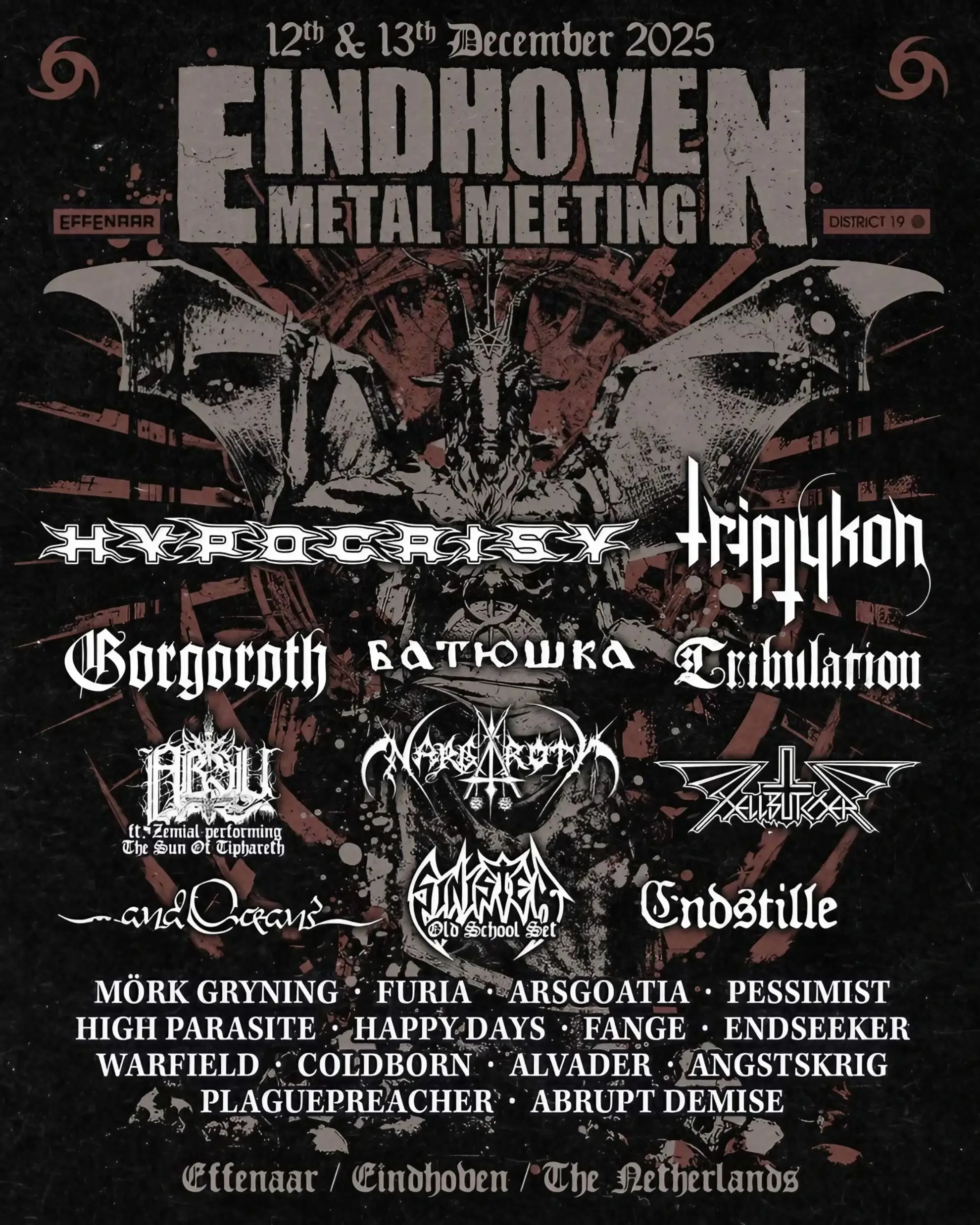 Dark poster with bold text, demonic artwork, and Hypocrisy and Triptykon listed as headliners above event details.