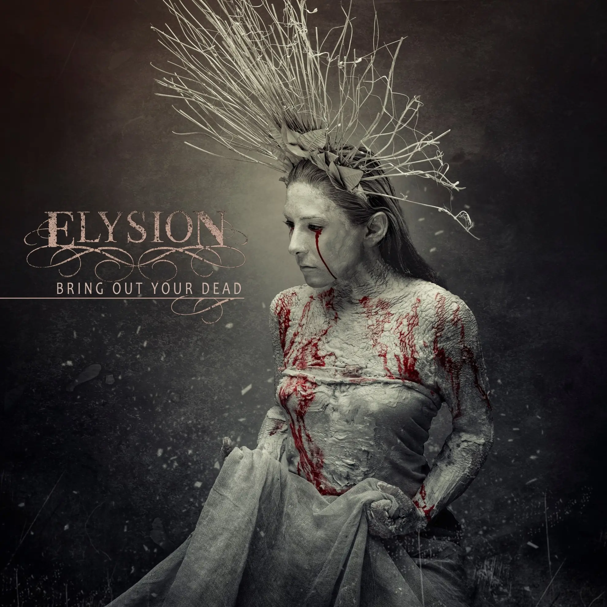 Pale figure with crown of branches and streaks of red on torso, set against dark background on ‘Bring Out Your Dead.’